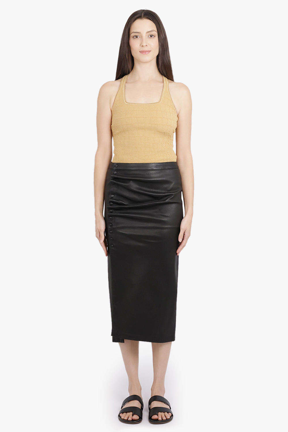 LEATHER ASYMMETRIC RUCHED MIDI SKIRT | BLACK - 4