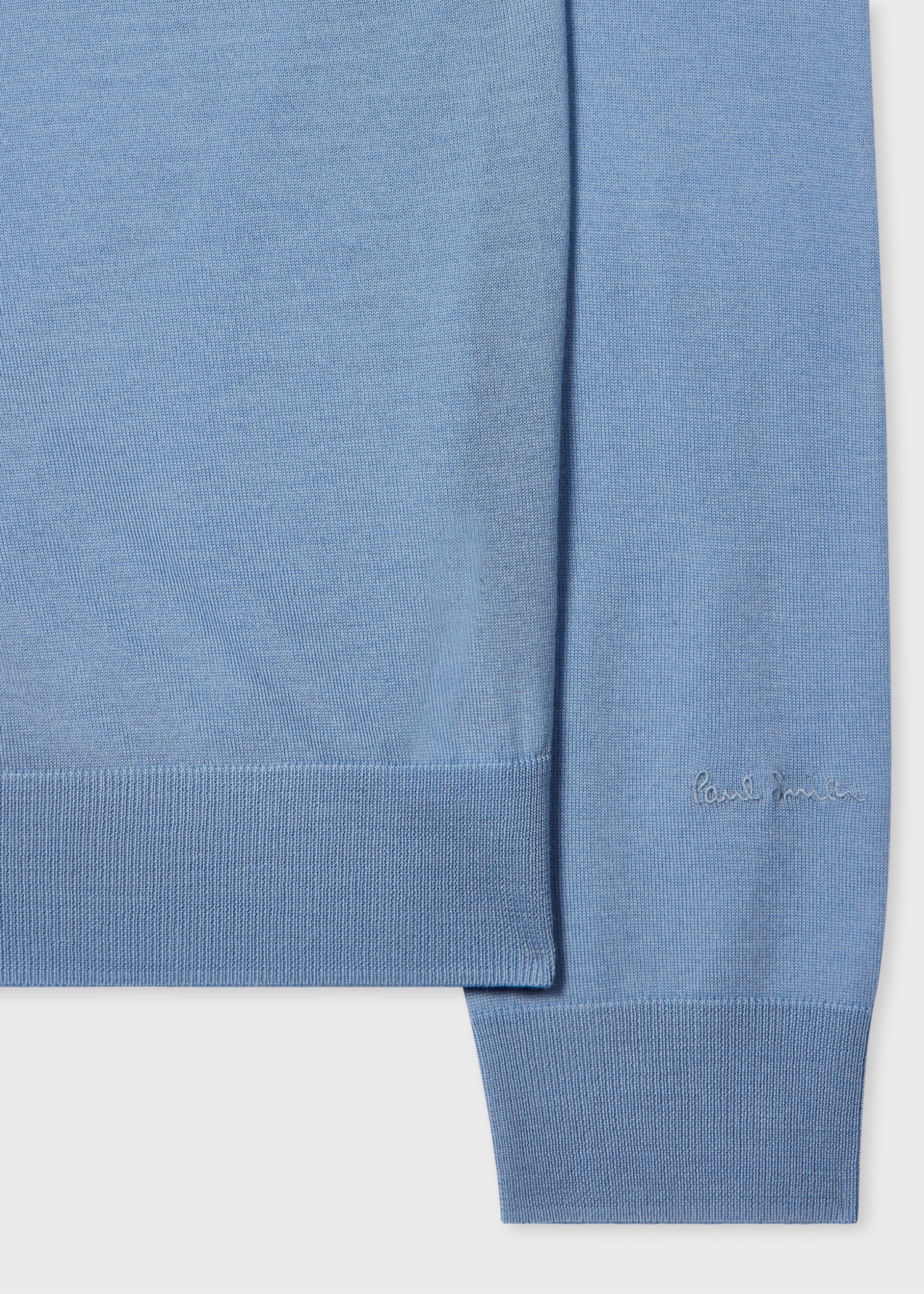 Light Blue Navy Merino Wool Knitted Long-Sleeve Polo Shirt - 2