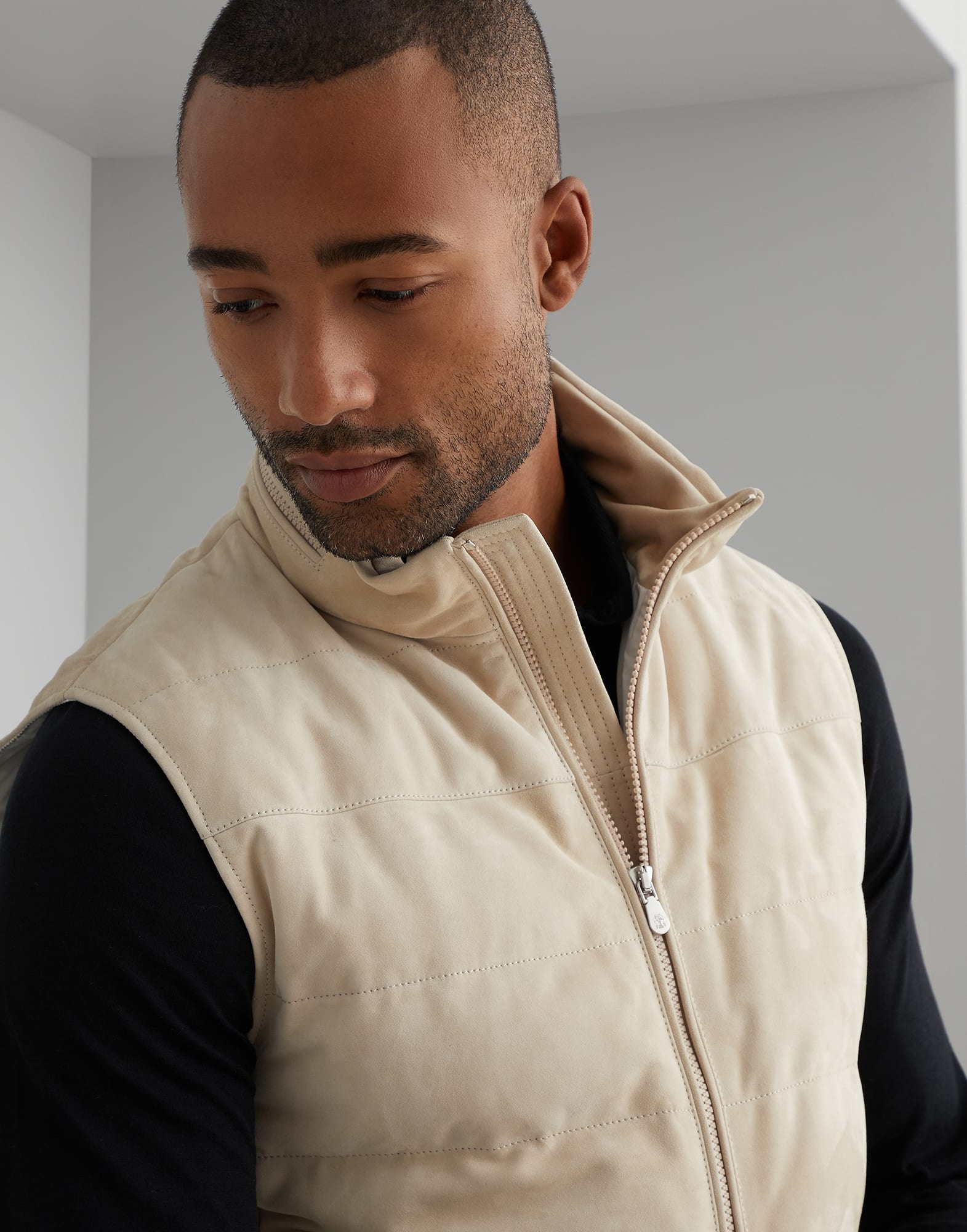 Suede down vest with packable hood - 3
