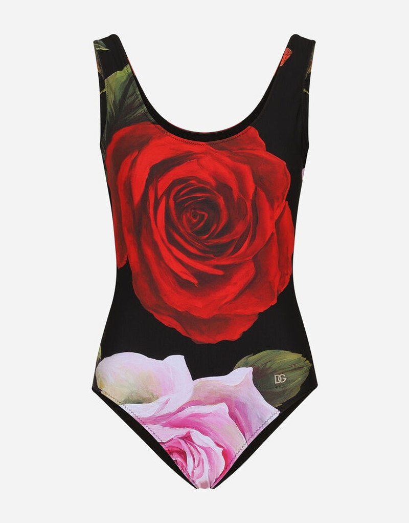 Rose-print one-piece racing swimsuit 1