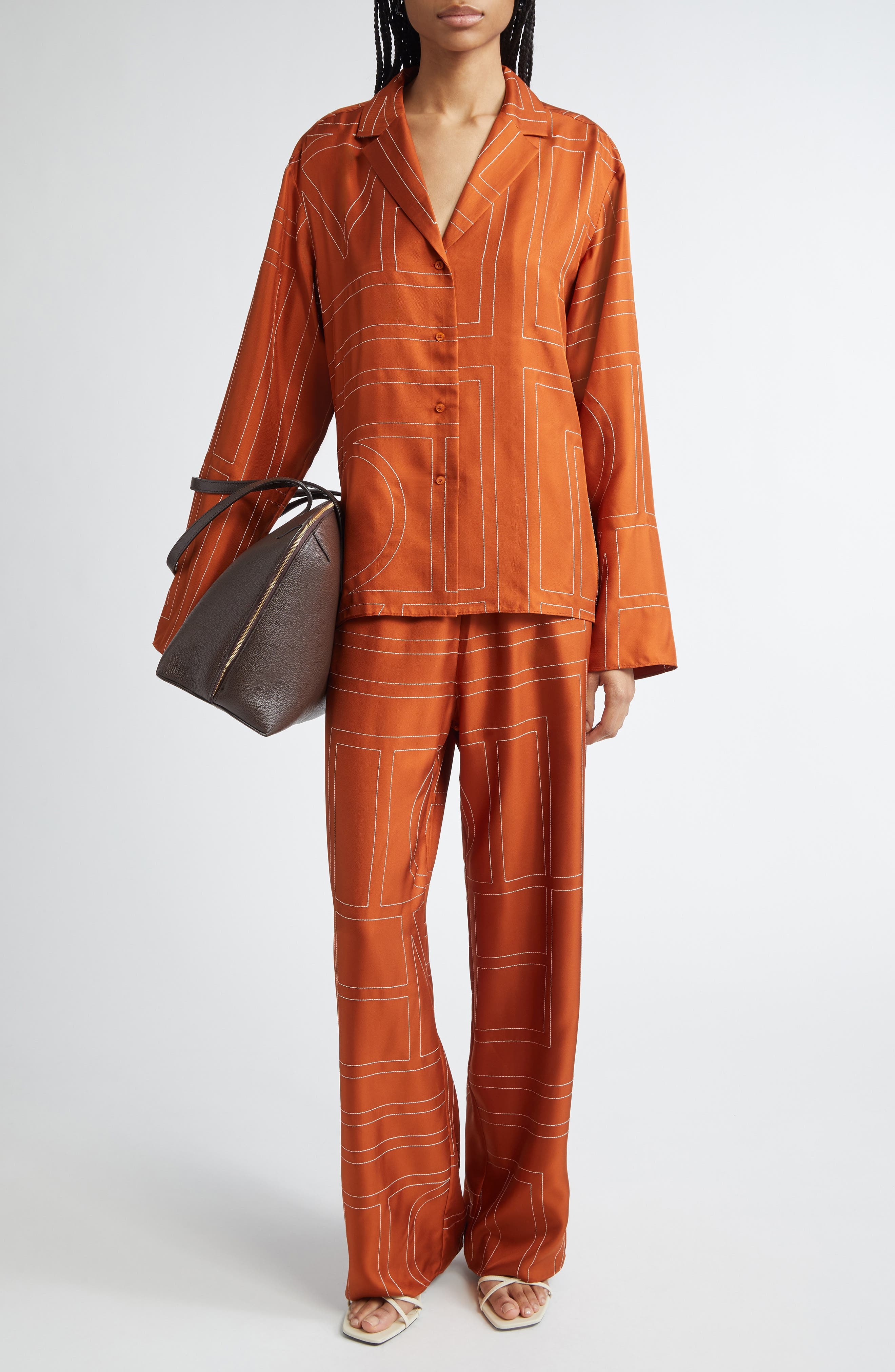 TOTEME Monogram Embroidered Silk Pants in Terracotta at Nordstrom - 2