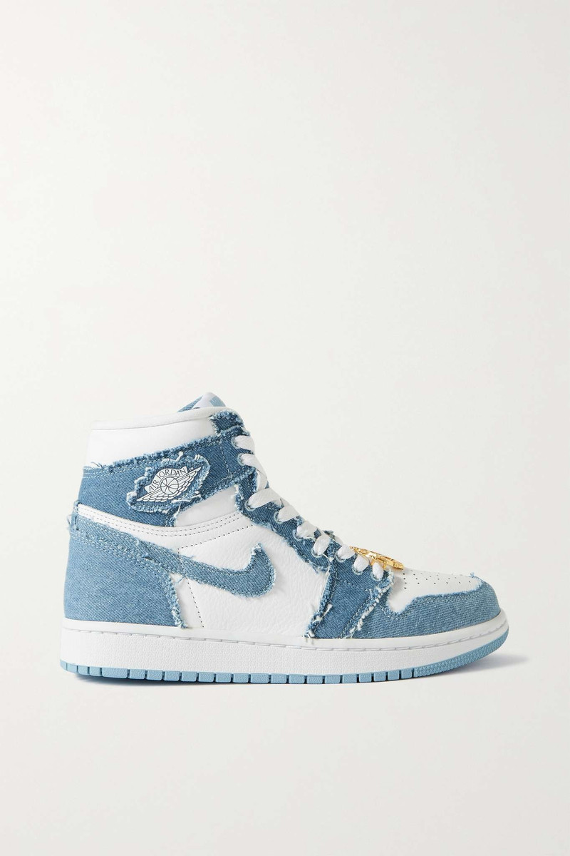 Air Jordan 1 Retro OG embellished distressed denim and leather high-top sneakers - 1