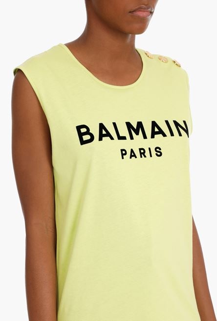 Lime green cotton T-shirt with flocked black Balmain logo - 8