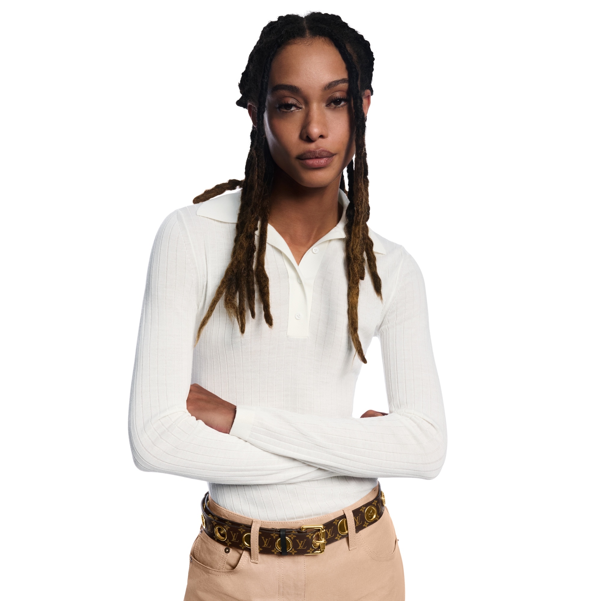 Long-Sleeved Rib-Knit Polo Top - 4