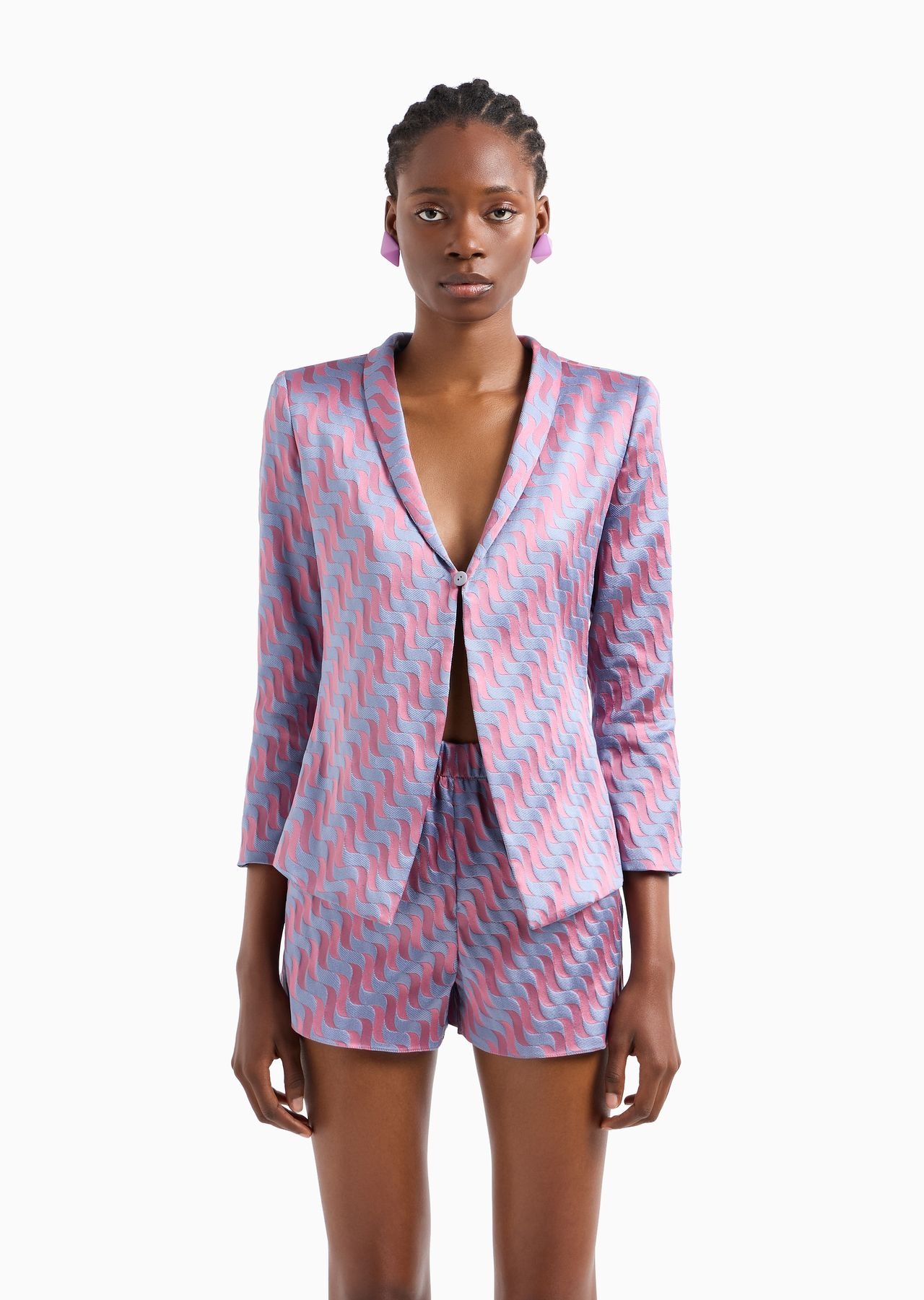 Two-tone wave-motif jacquard jacket with shawl collar - 2