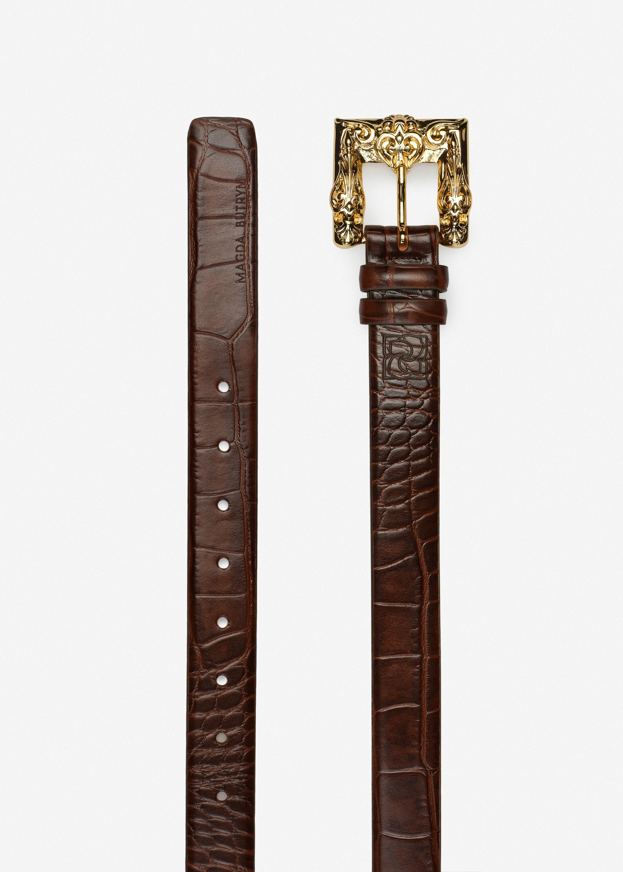 Croc-effect leather belt with ornamental gold buckle in brown - 1