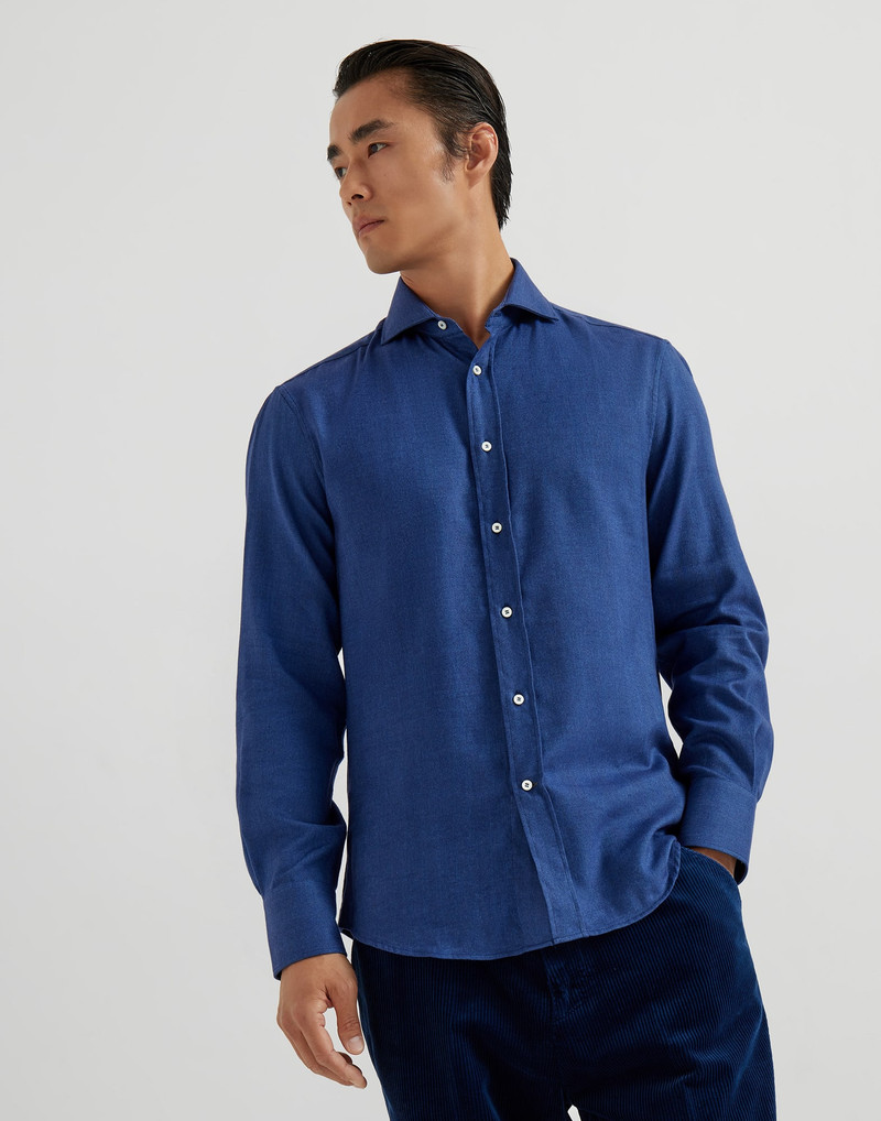Stretch cotton chevron flannel slim fit shirt with spread collar 1
