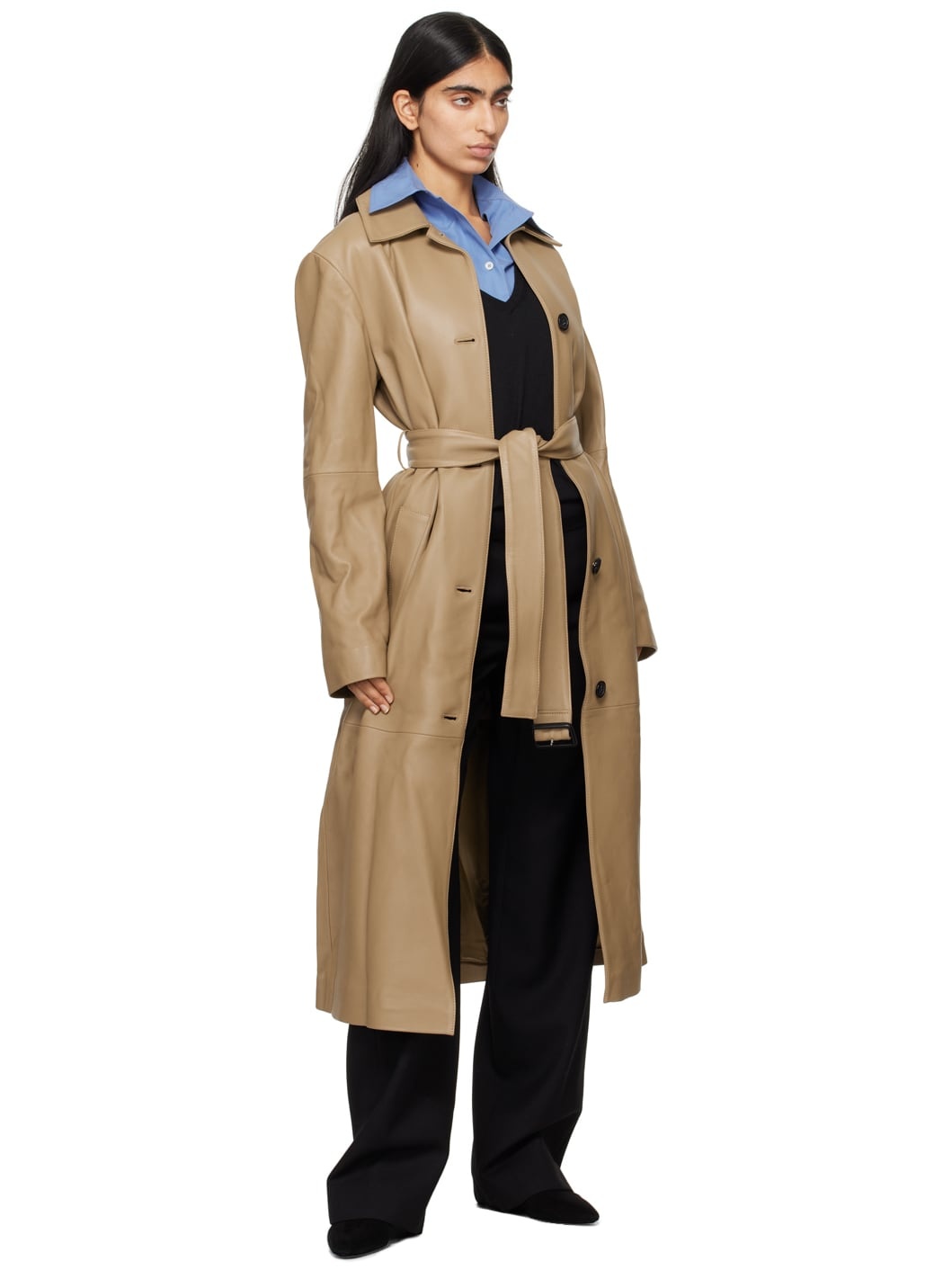 Tan Belted Long Leather Coat - 4