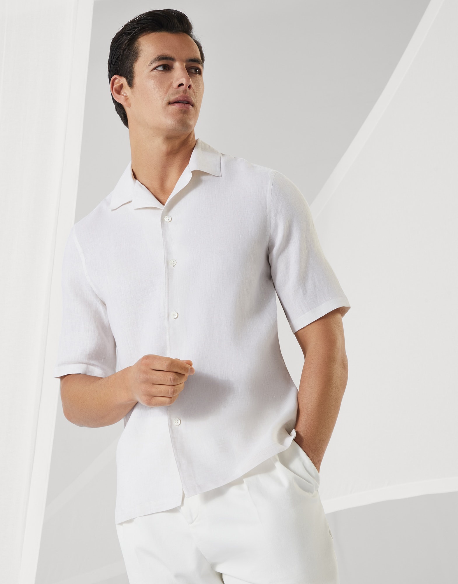 Linen easy fit short sleeve shirt with camp collar - 1