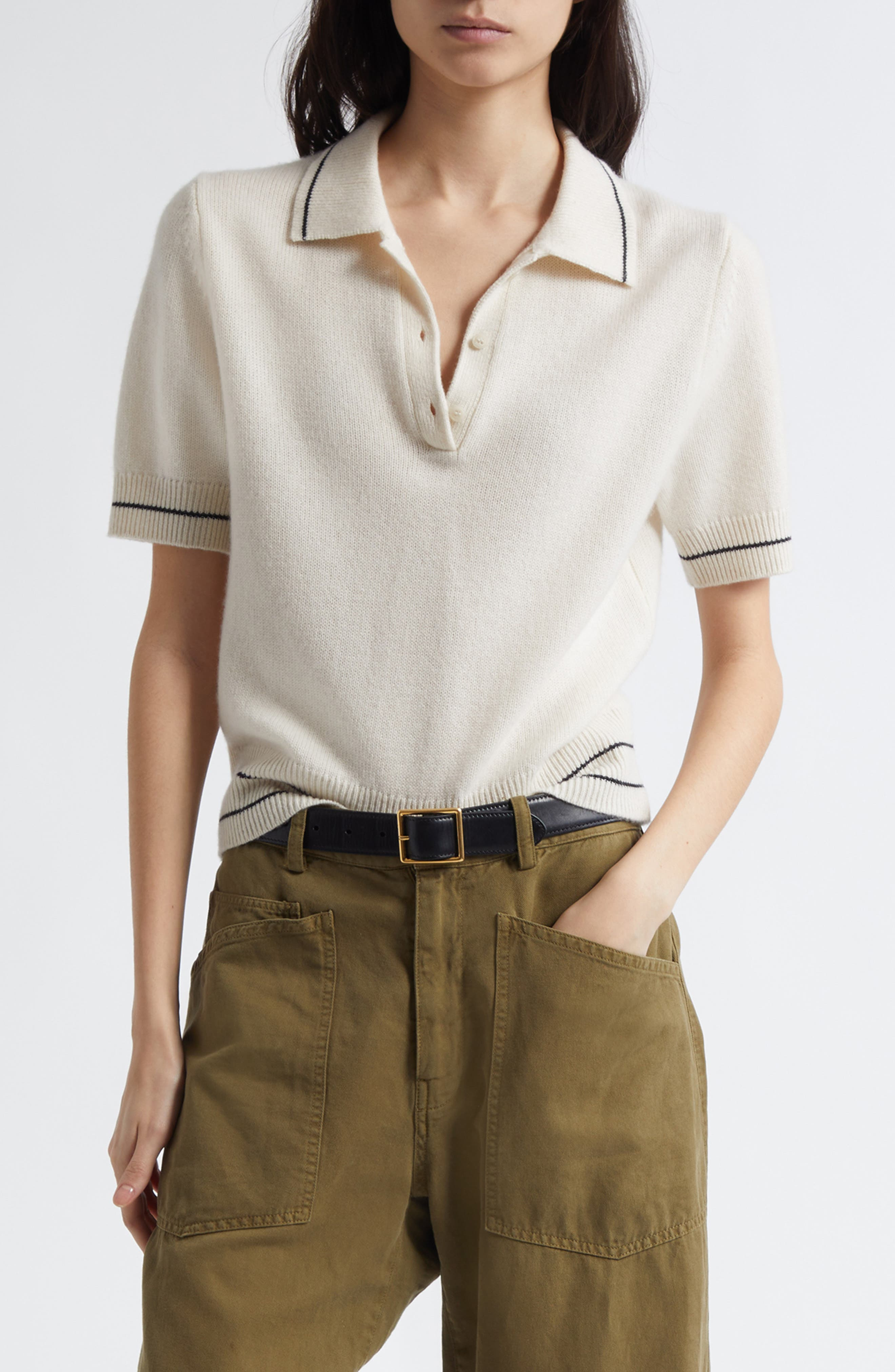Nili Lotan Carline Cashmere Polo Sweater in Ivory/Black at Nordstrom - 1