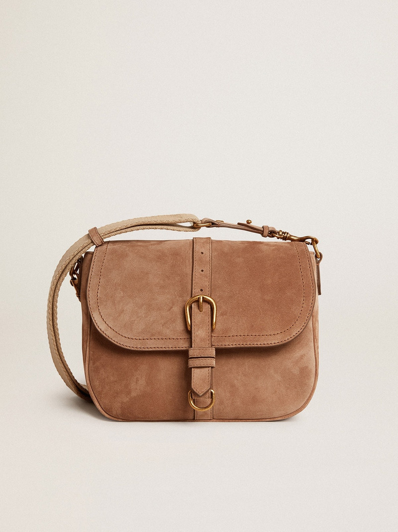 Medium Sally Bag in ash-colored suede with contrasting buckle and shoulder strap 1