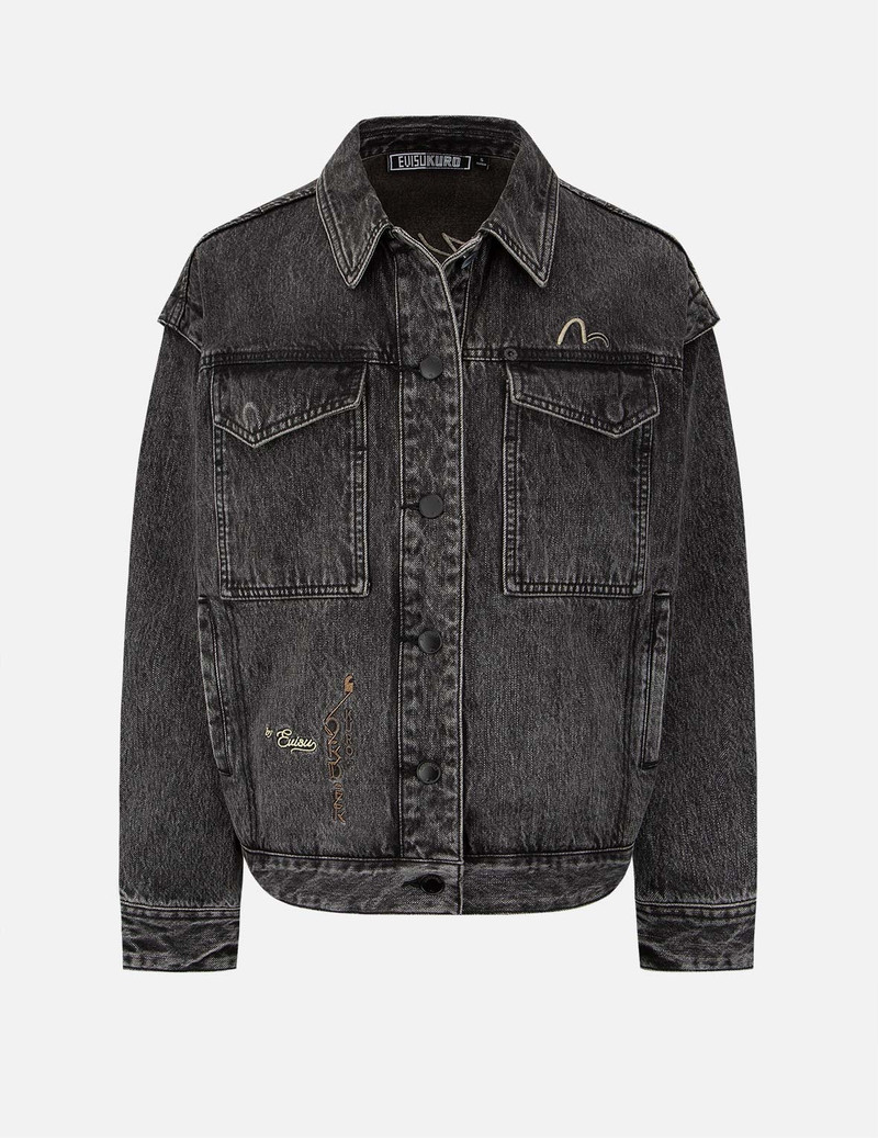 EVISU Graffiti Effect Slogan Print Oversized Denim Jacket outlook