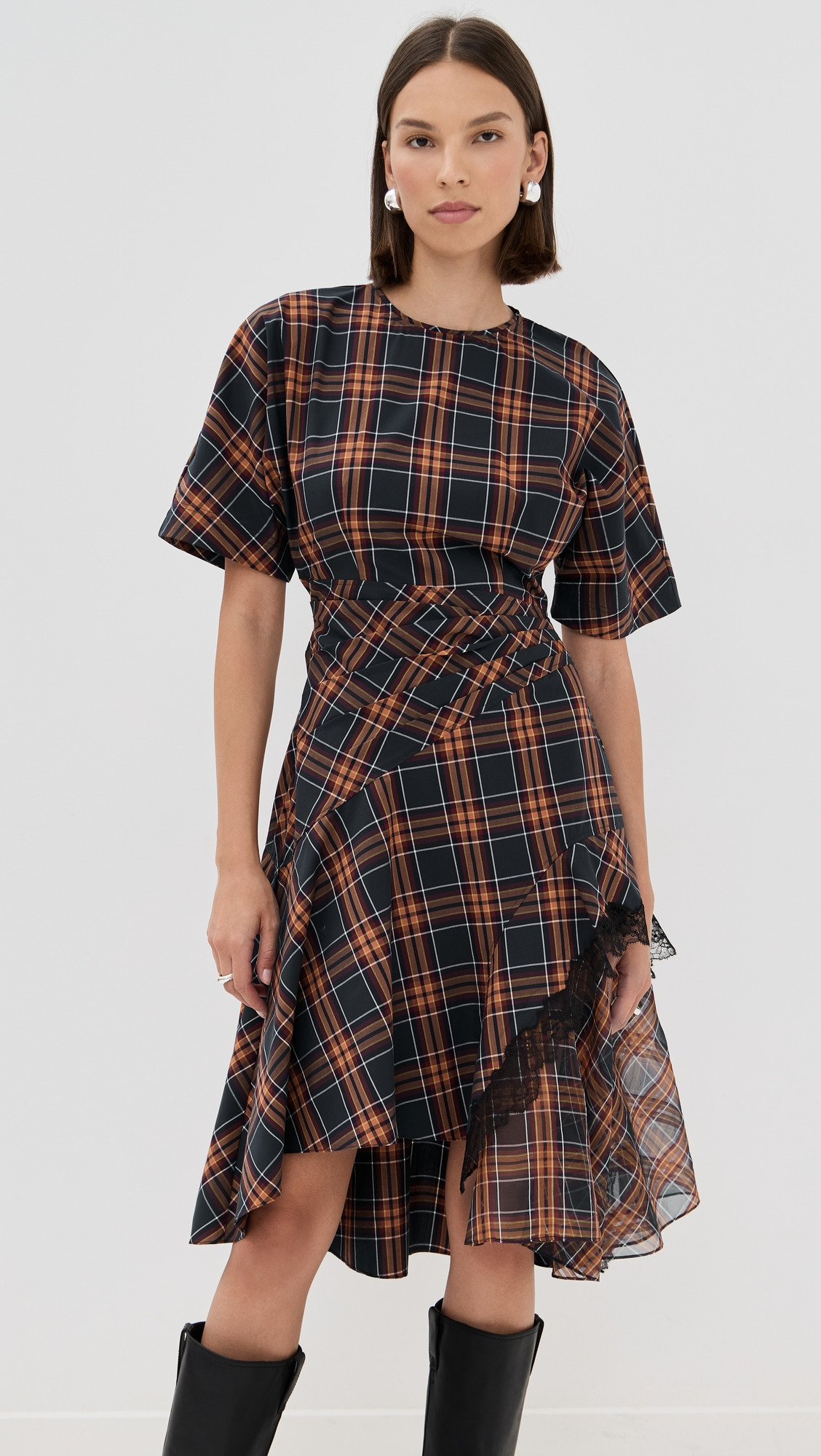 Short Sleeve Draped Dress with Organza Combo - 2