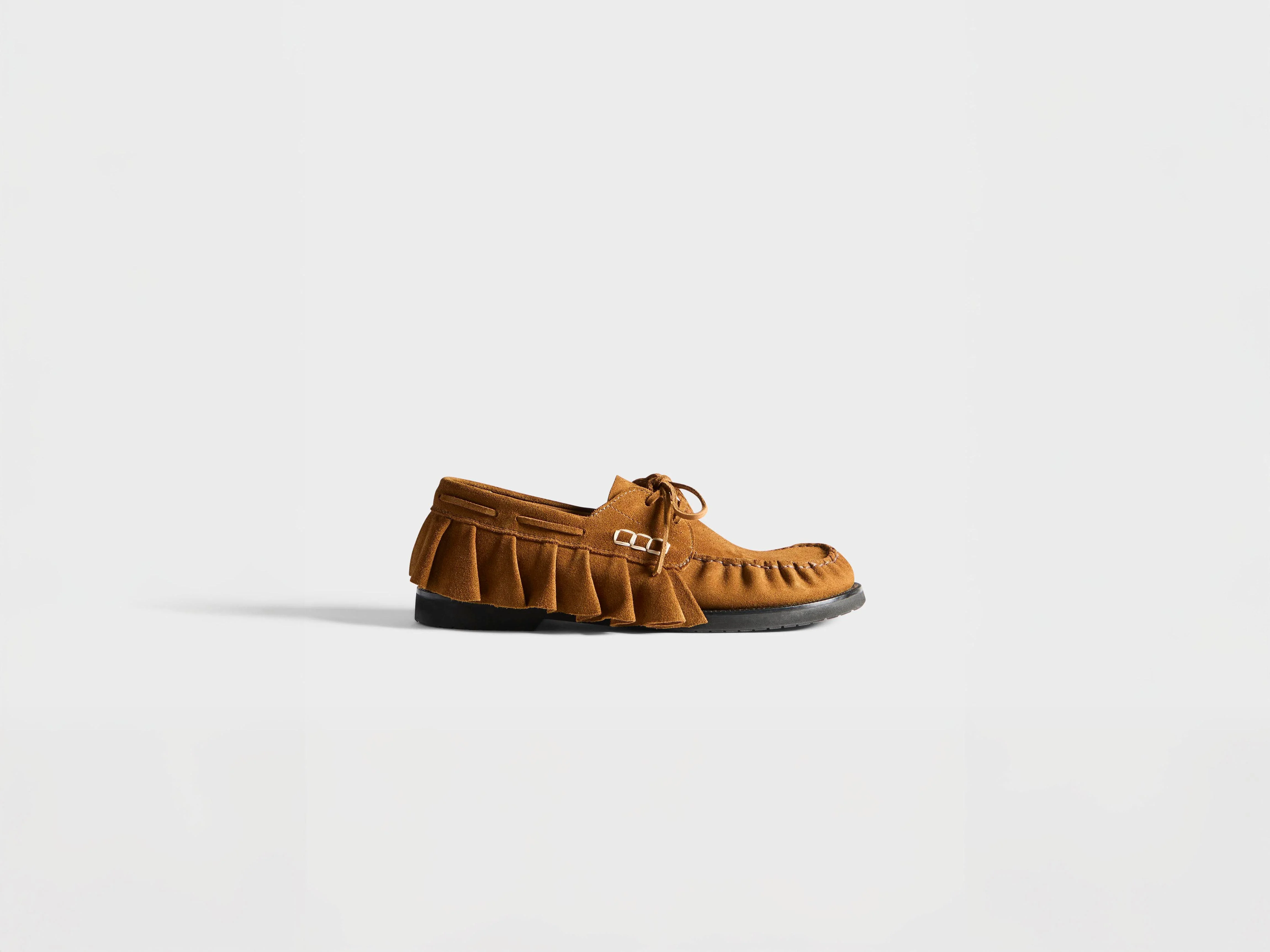 WOMENS LOAFER RUFFLE SUEDE BOAT SHOES IN CARAMEL - 1