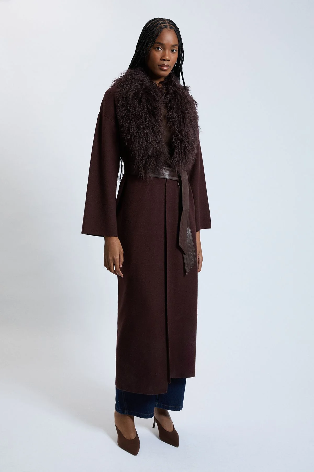 Viscose Blend Compact Knit Shearling Removable Collar Belted Coatigan - 1