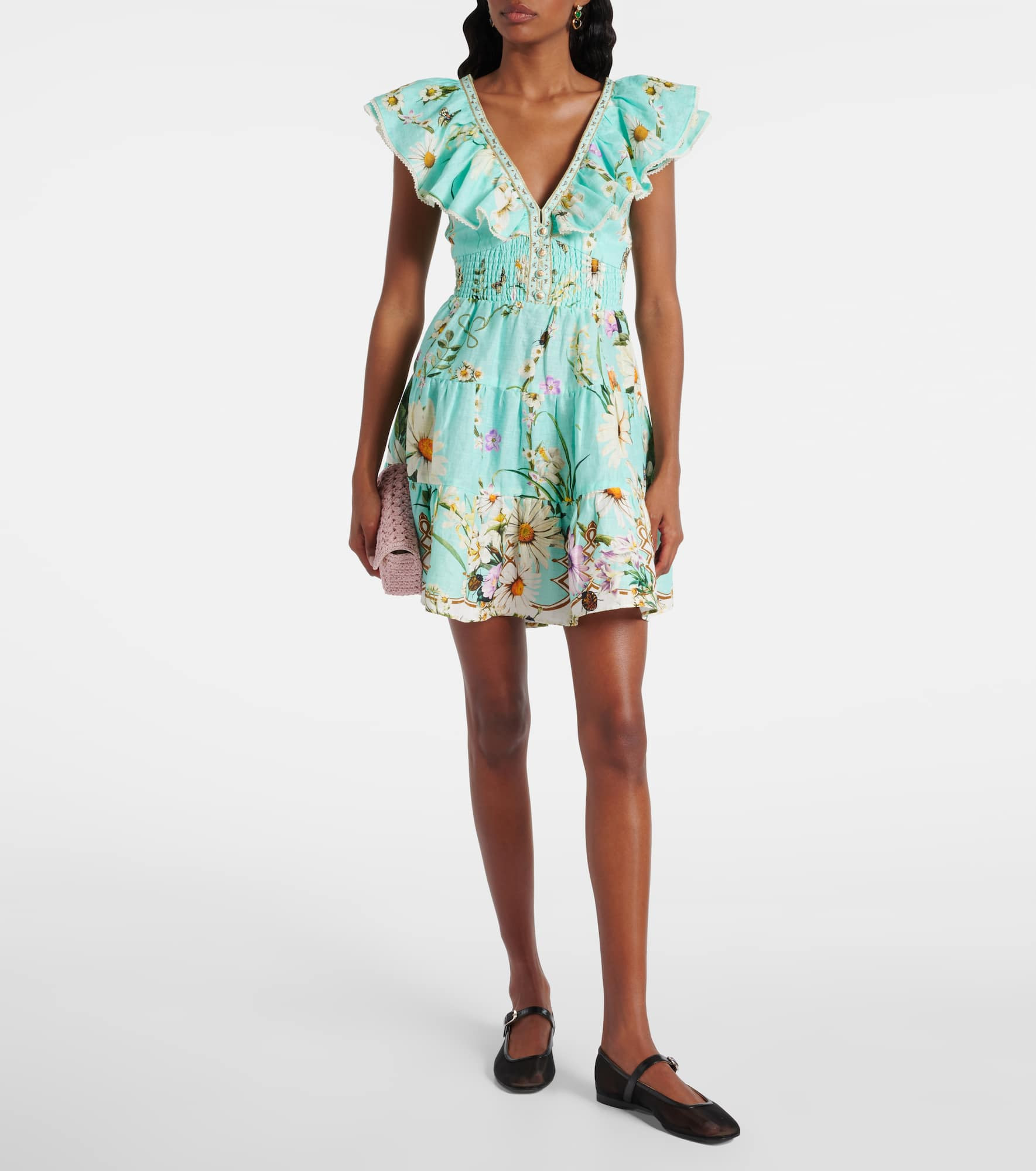 Floral embellished linen minidress - 2