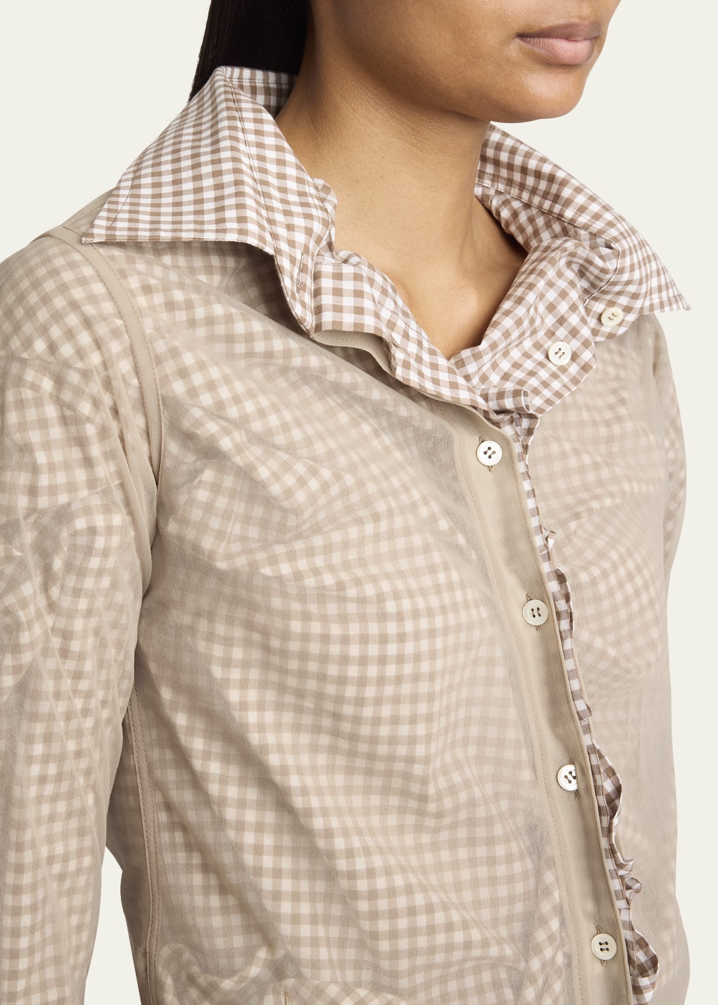 Ruched Hybrid Check Button Down Blouse - 5