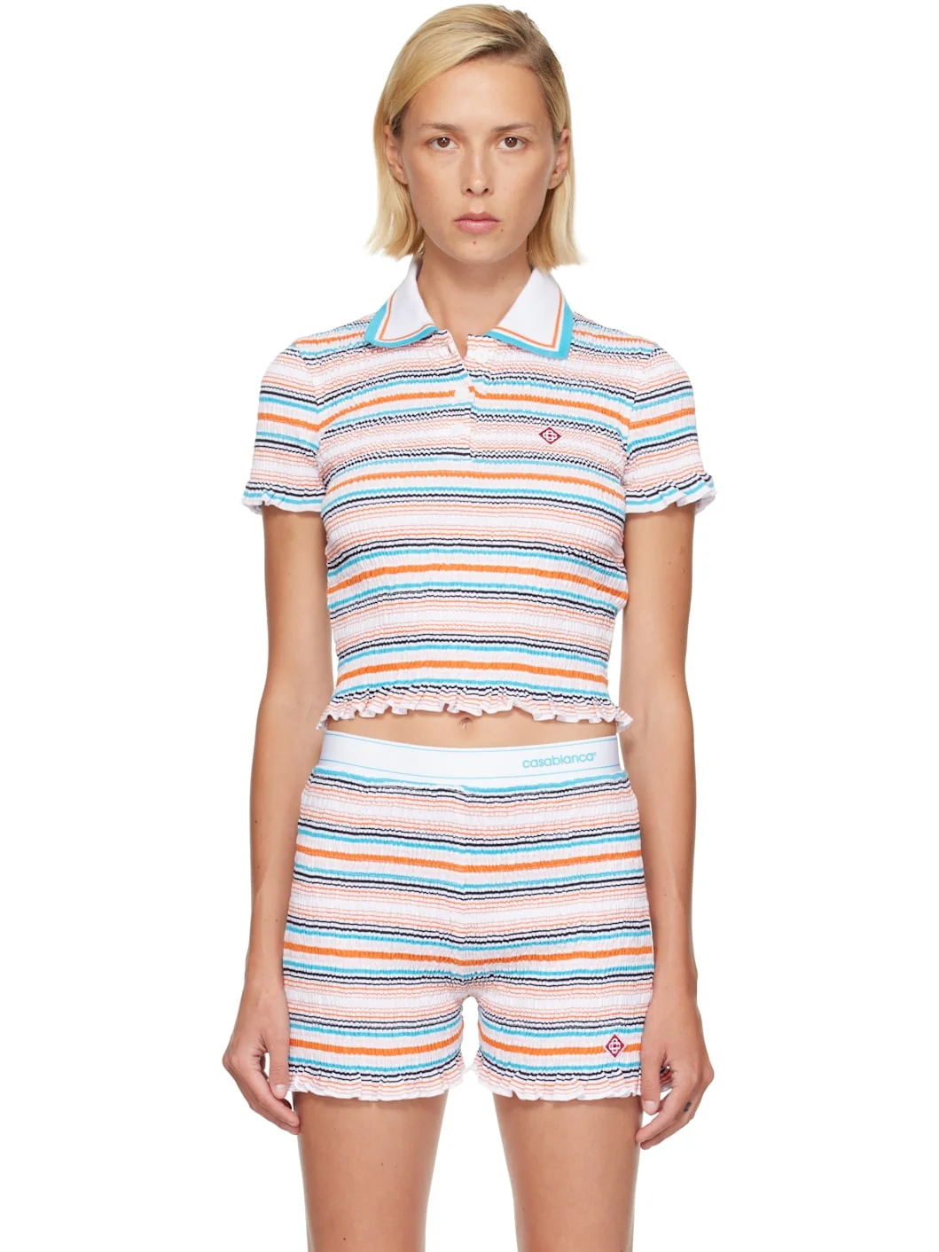 Multicolor Striped Shirred Short Sleeve Polo - 1
