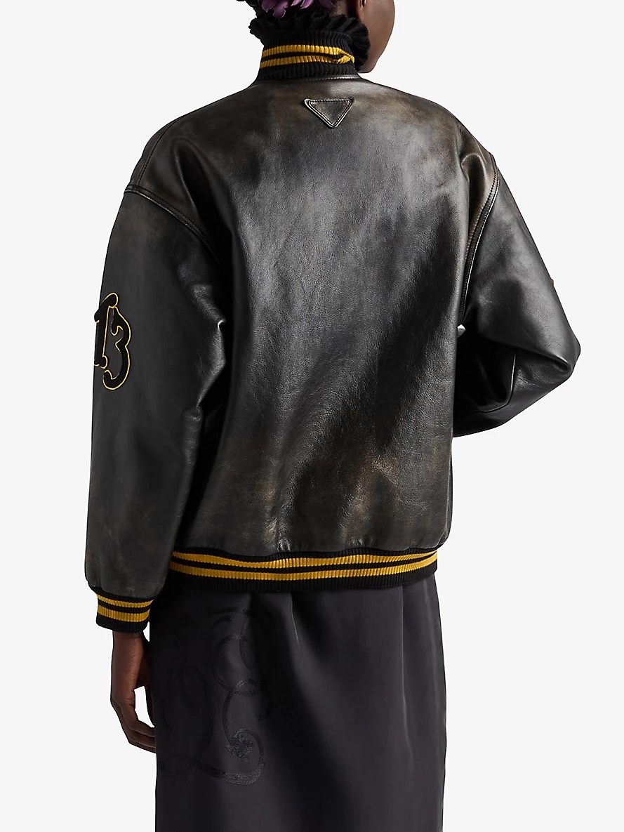 Prada Patch-motif relaxed-fit leather bomber jacket