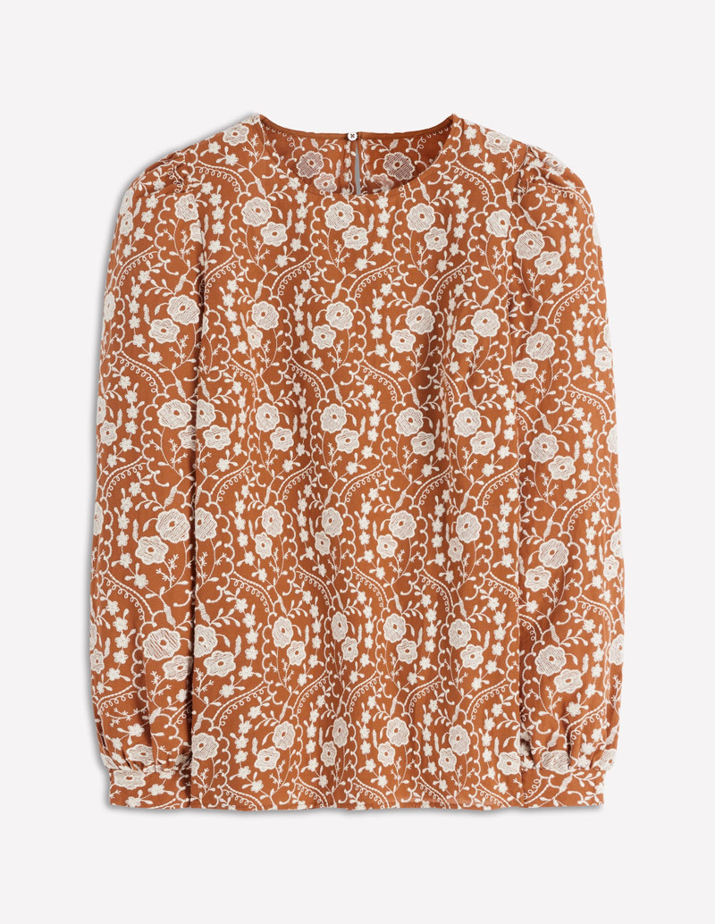 Embroidered Cotton Dobby Top-Brown 1