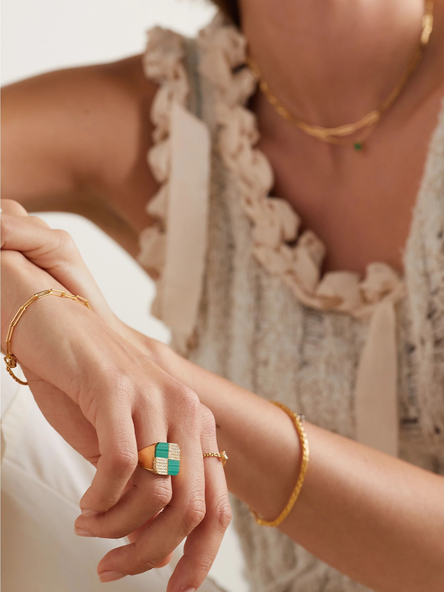 9-karat gold malachite, and diamond ring Gold - 2