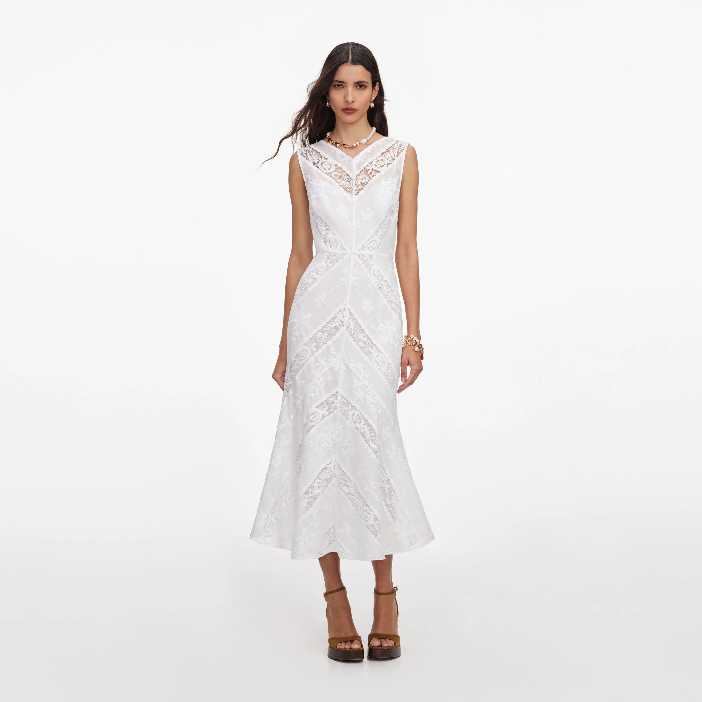 White Ramie Sleeveless Midi Dress - 1