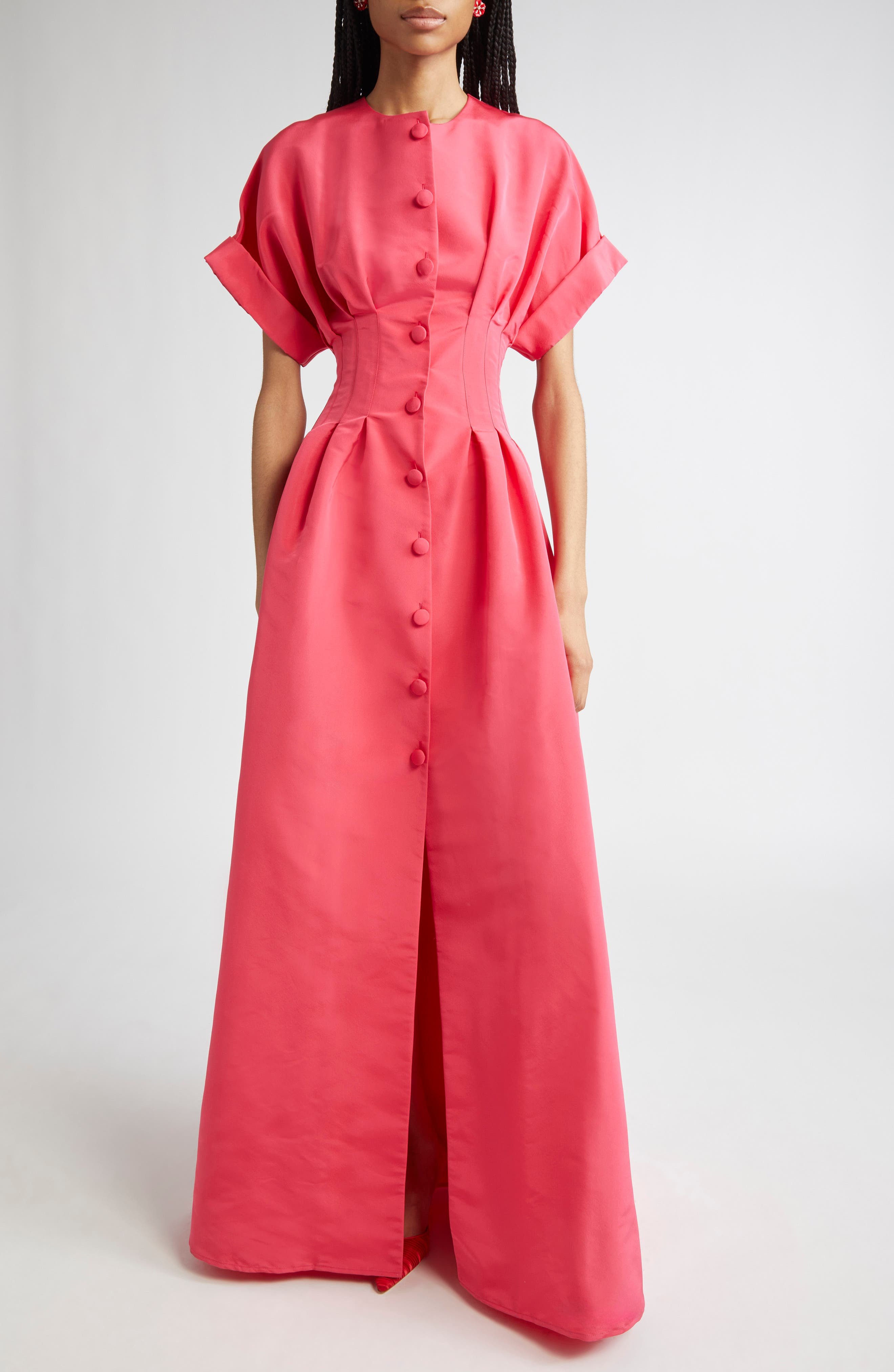 Carolina Herrera Cuffed Short Sleeve Button Front Silk Faille Gown in Azalea at Nordstrom - 1