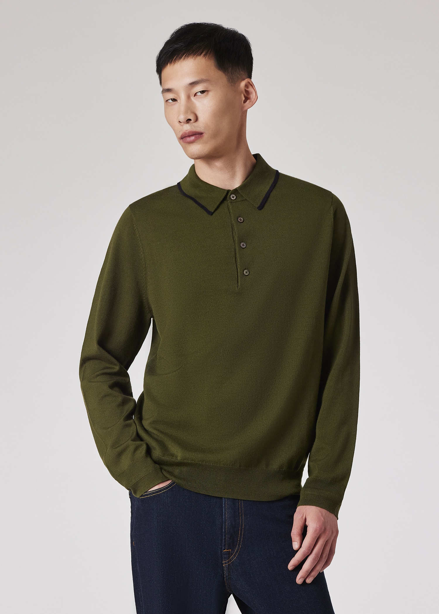 Khaki Merino Wool Polo Sweater - 3