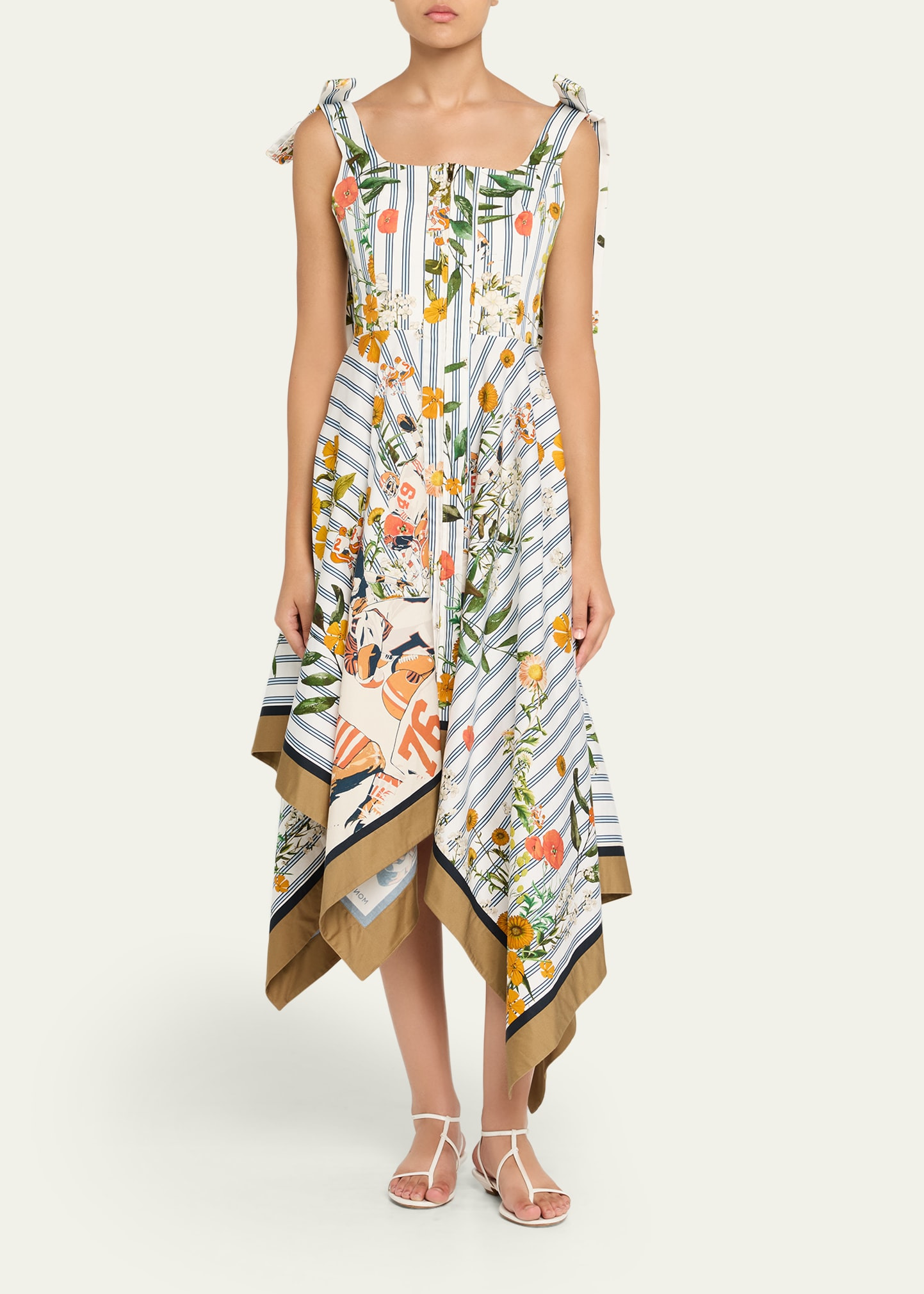 Printed Shoulder-Tie Handkerchief Midi Dress - 2