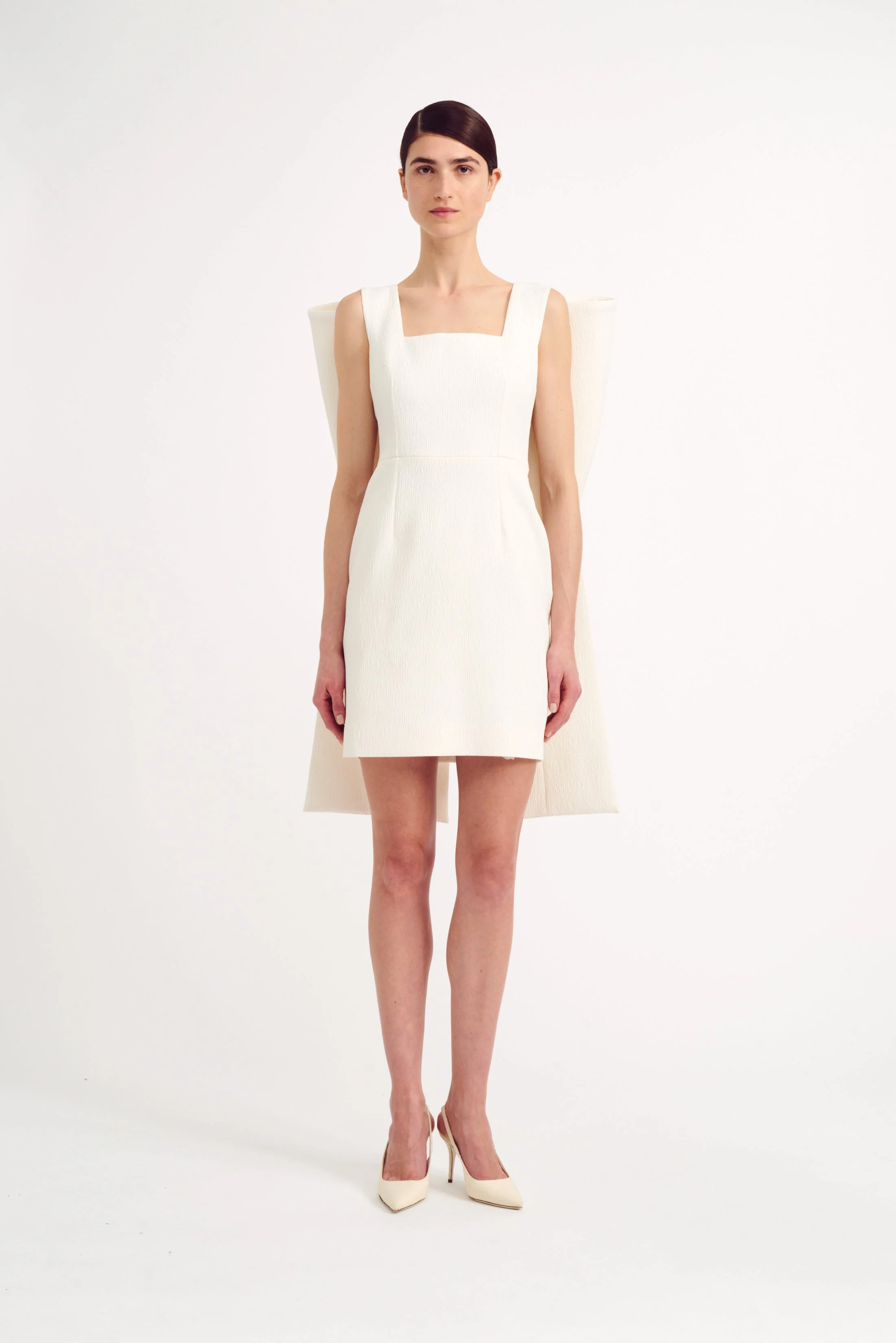Drusilla Bow Back Mini Bridal Dress in Ivory Textured Cloque - 1