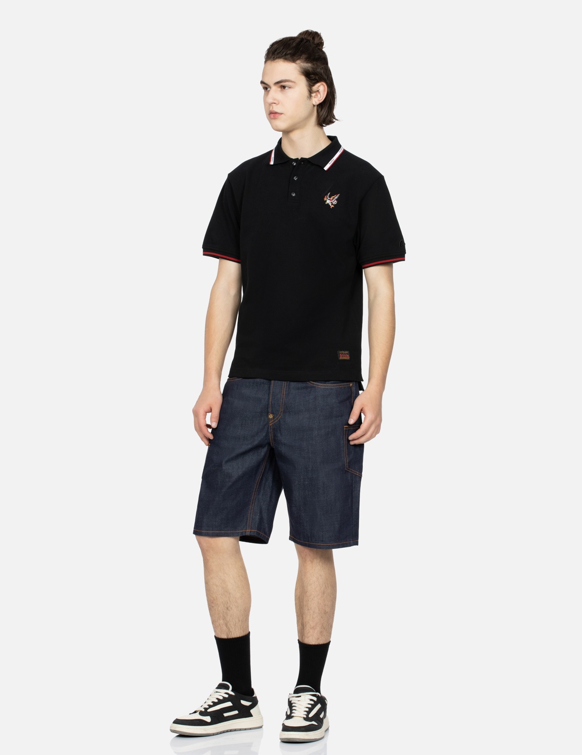 LOGO EMBROIDERY AND BROCADE APPLIQUÉ DENIM SHORTS - 4