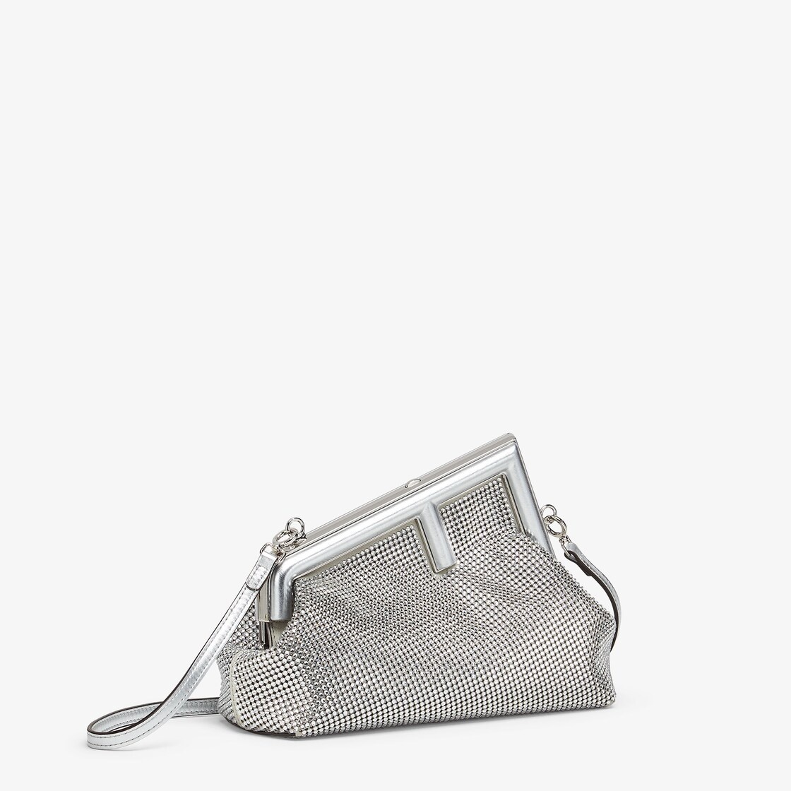 Small Fendi First bag made of gray nubuck leather, finely embroidered with crystals. Oversized F met - 2