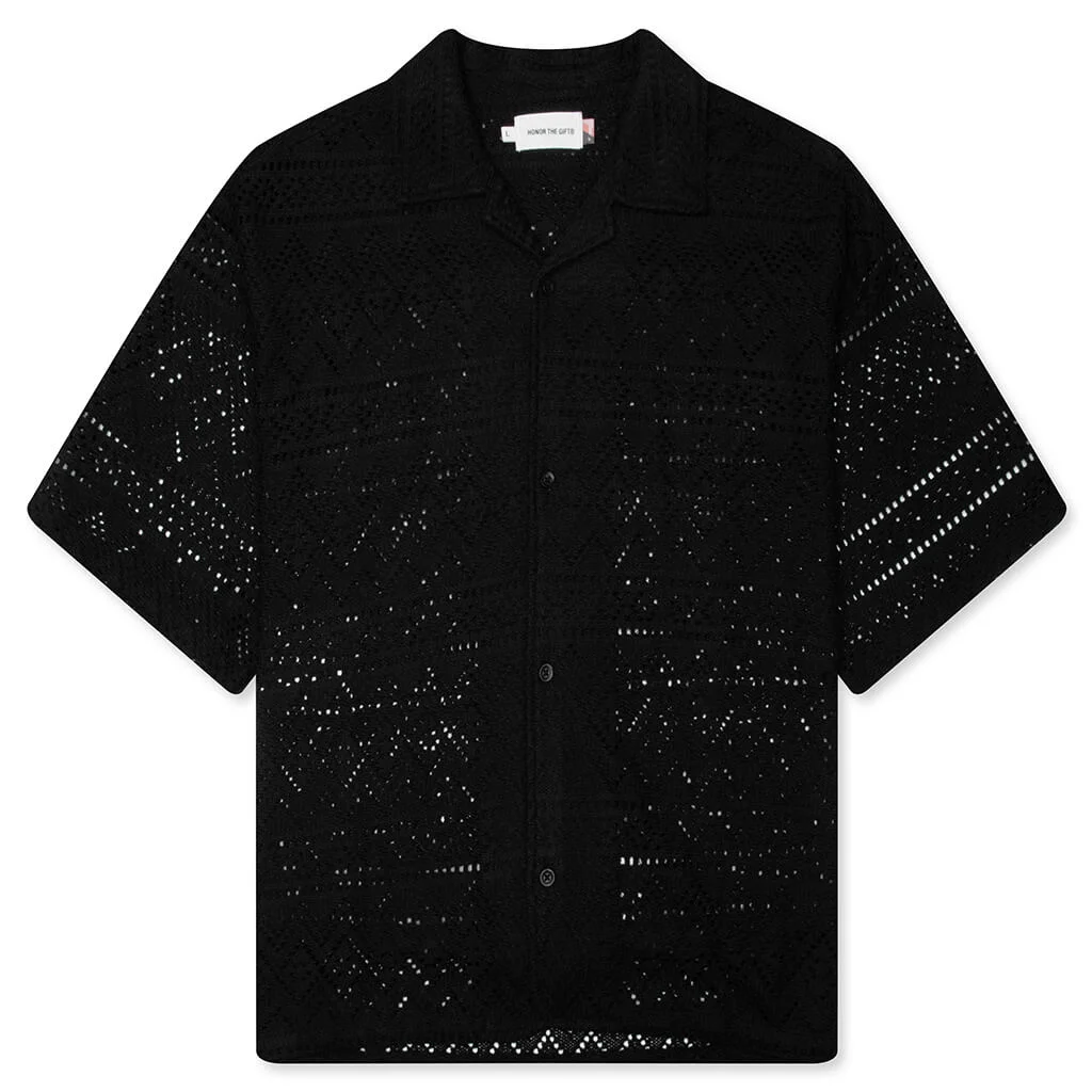 POINTELLE CROCHET CAMP COLLAR - BLACK - 1