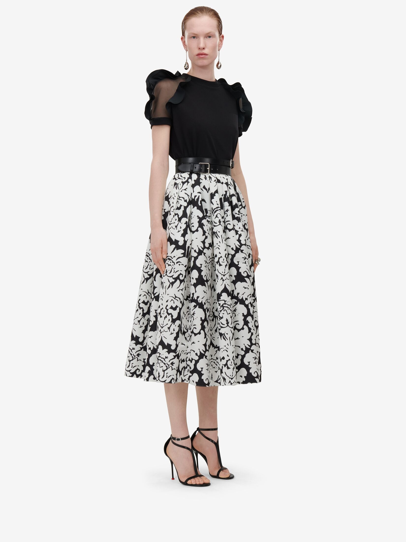 Women's Ruffle Detail T-shirt in Black - 3