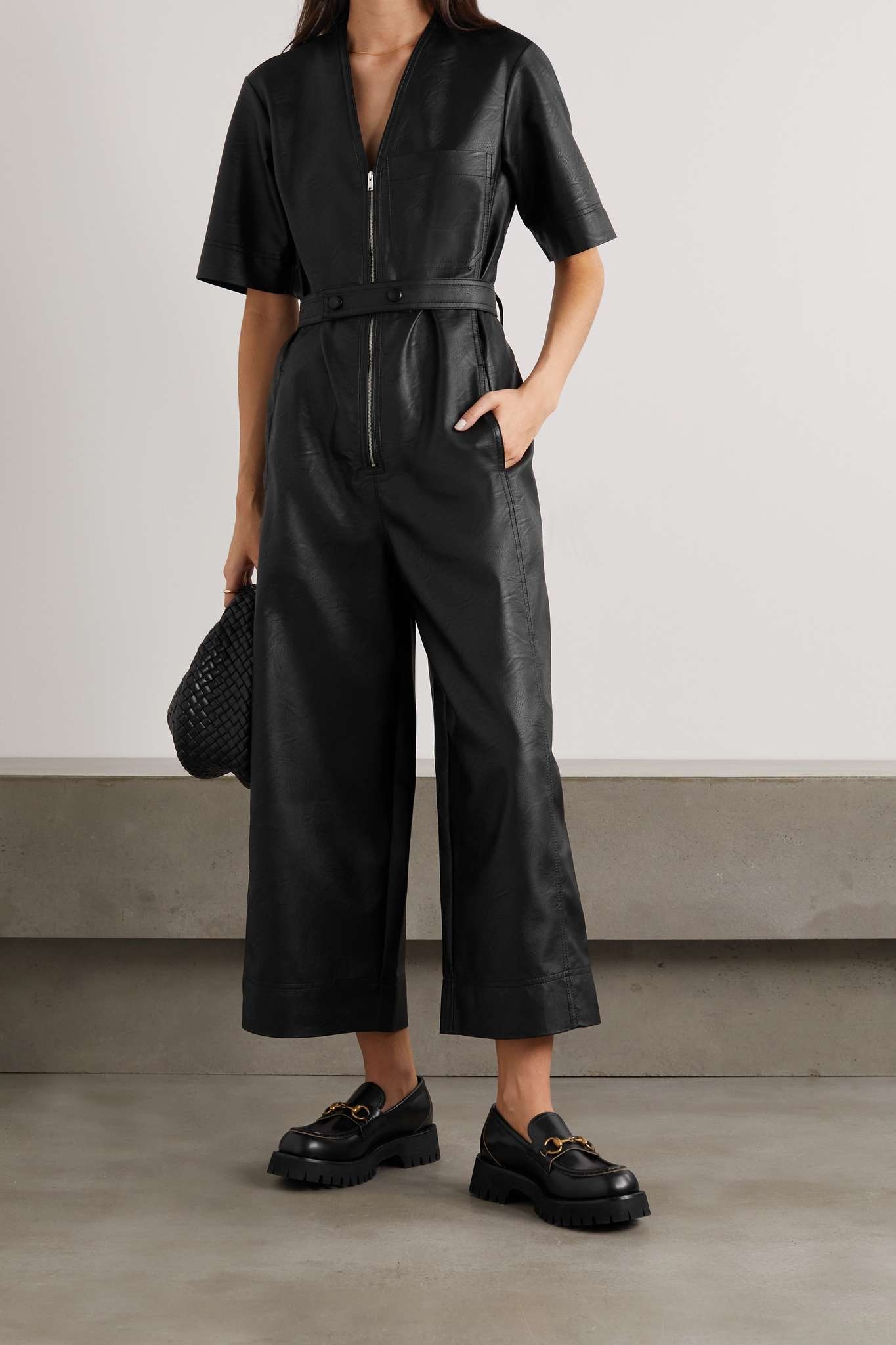 Cropped belted vegetarian leather jumpsuit - 2