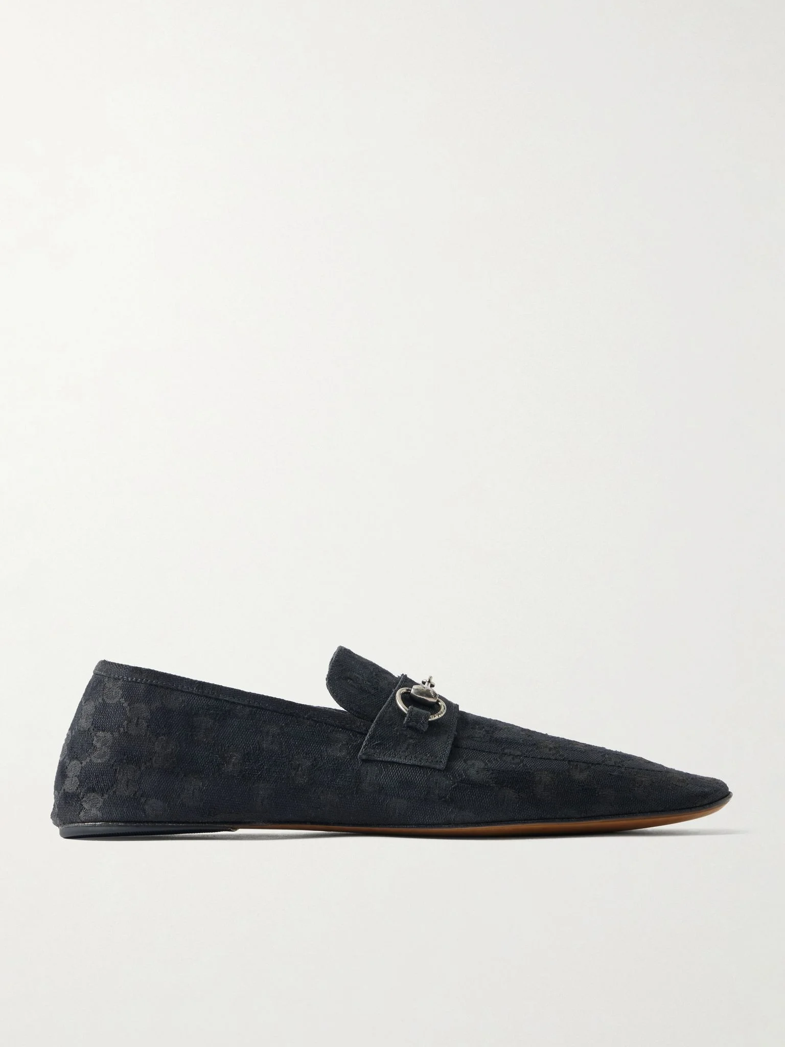 Horsebit-Embellished Distressed Monogrammed Canvas Loafers Black - 1