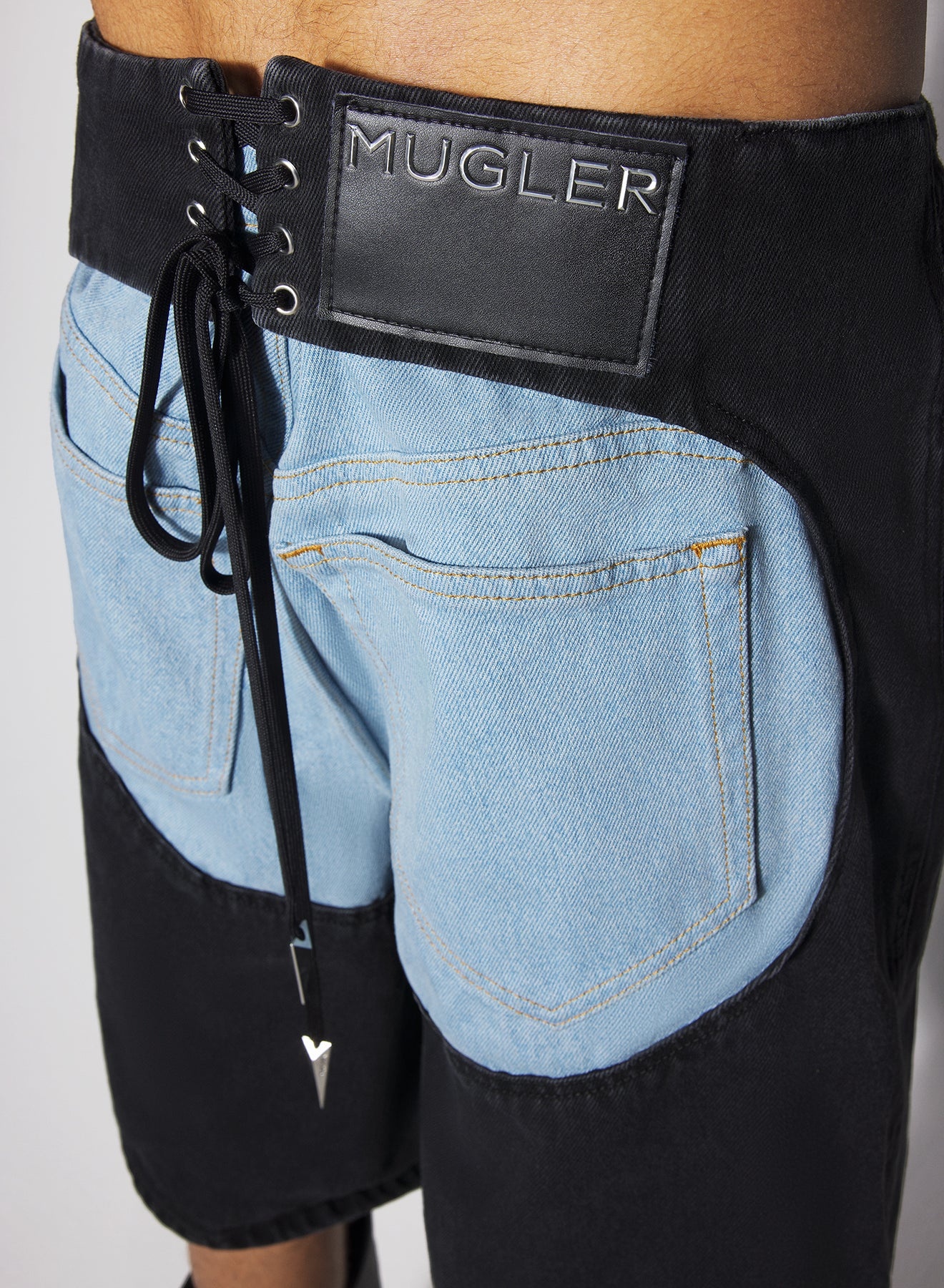 bi-color laced denim shorts - 5