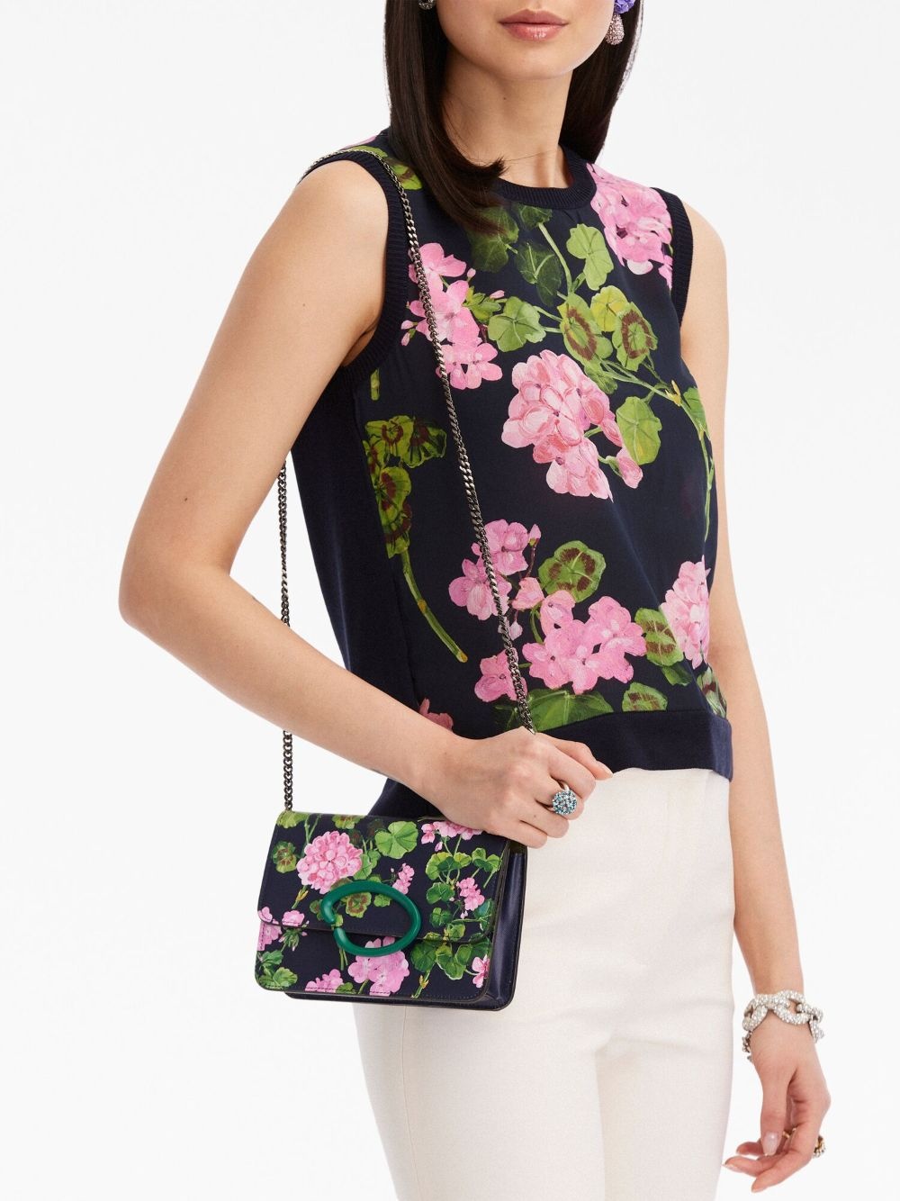 Oscar de la Renta Hydrangea-Print O Pochette Chain Shoulder Bag