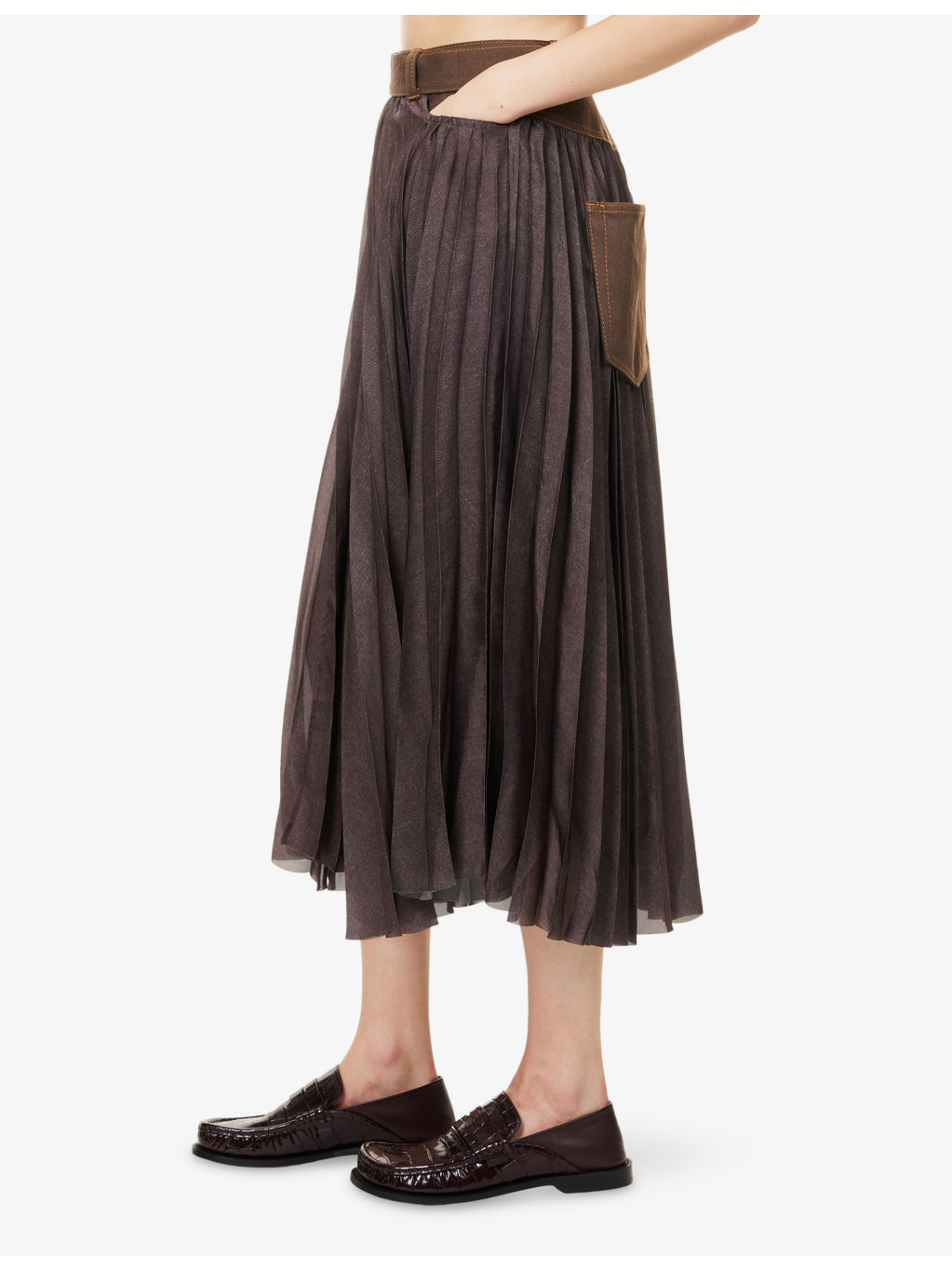 Pleated High-Waist Woven Midi Skirt - 3