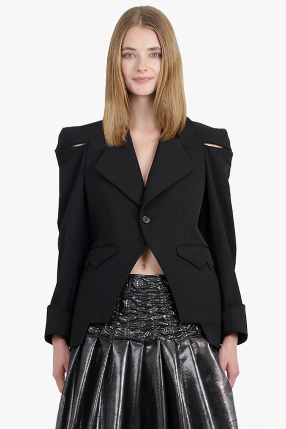 SINGLE BREASTED CROP SHOULDER SLIT JACKET | BLACK - 3