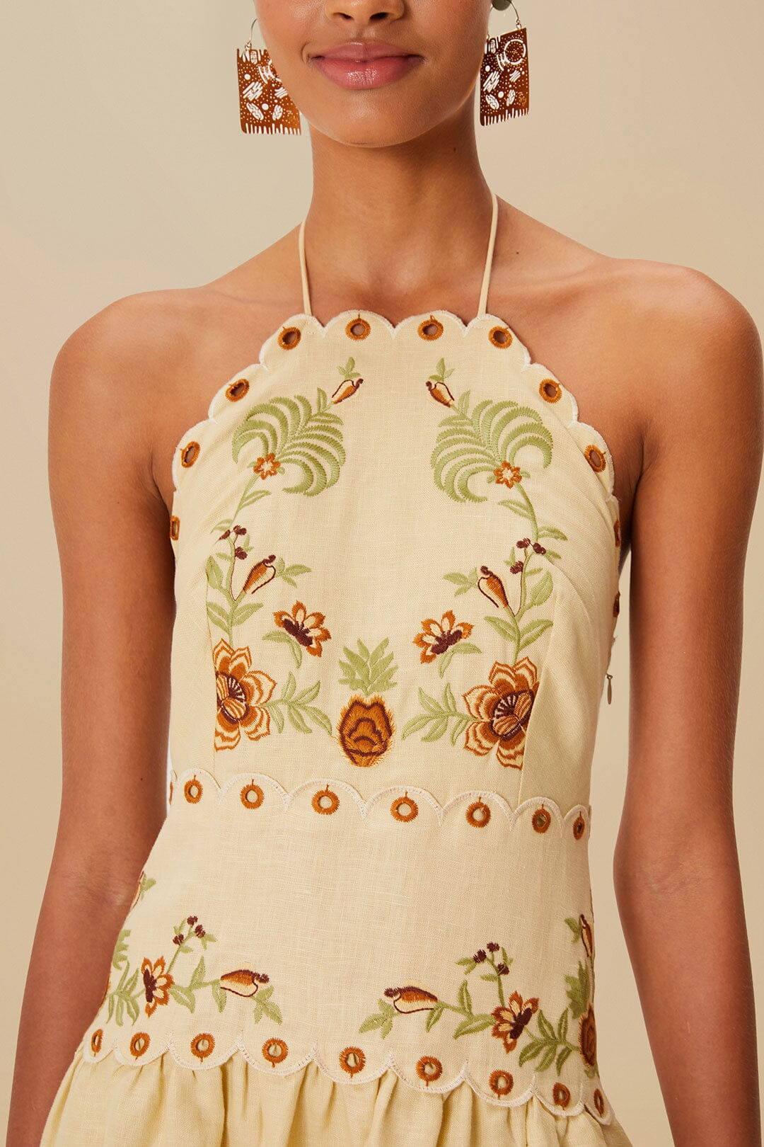 Sand Delicate Forest Richelieu Embroidered Euroflax™ Premium Linen Midi Dress - 3