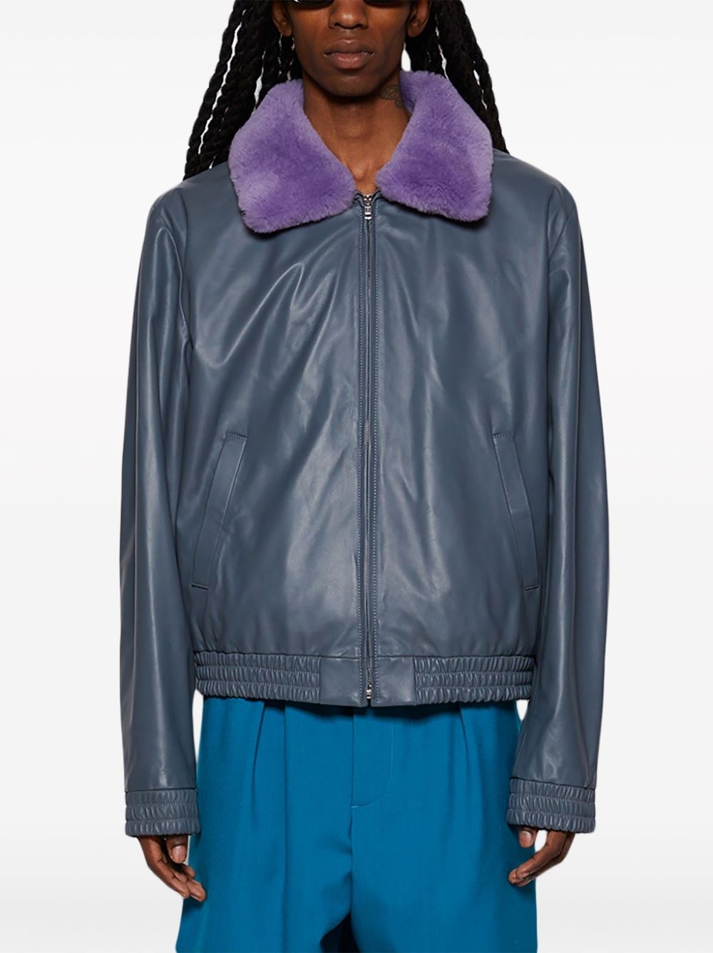 contrast-collar leather jacket - 3