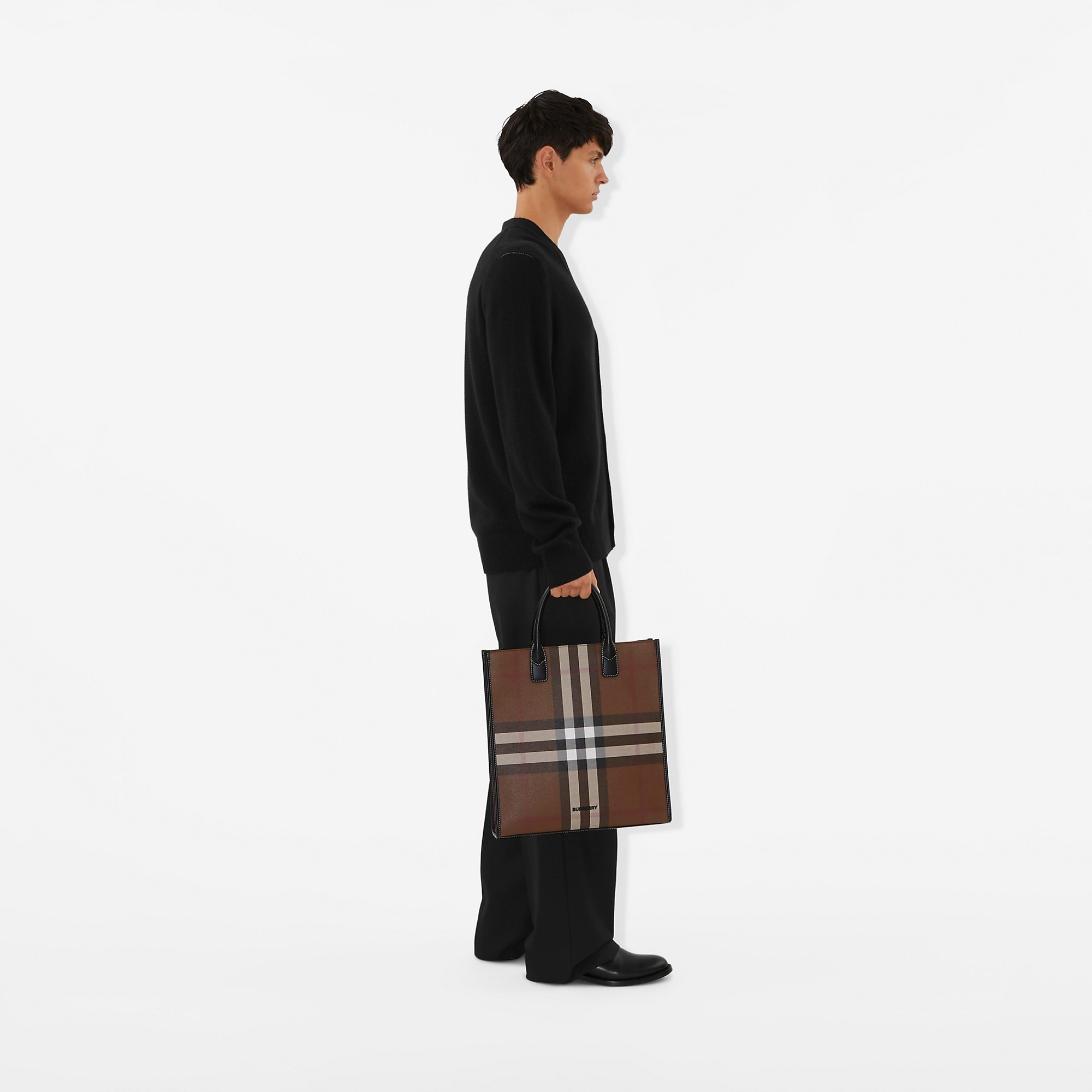 Exaggerated Check and Leather Slim Tote - 2