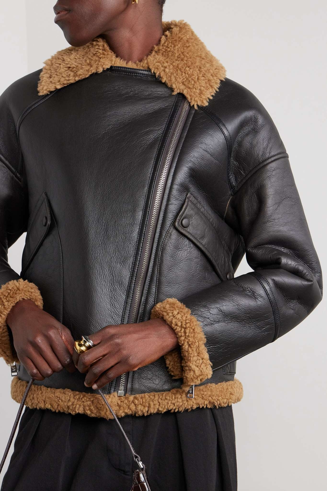 Shearling-trimmed leather jacket - 3