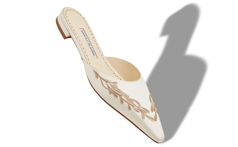 Manolo Blahnik White and Gold Satin Flat Mules outlook