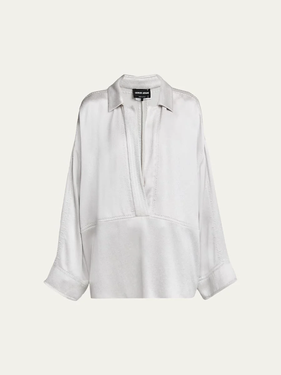 Hammered Satin Plunging Collared Shirt - 1
