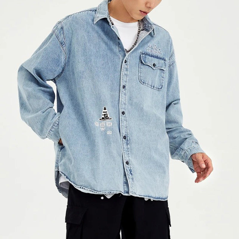 Li-Ning Skateboard Series Logo Embroidered Loose Washed Denim Shirt 'Light Blue' ASHS011-1 - 7