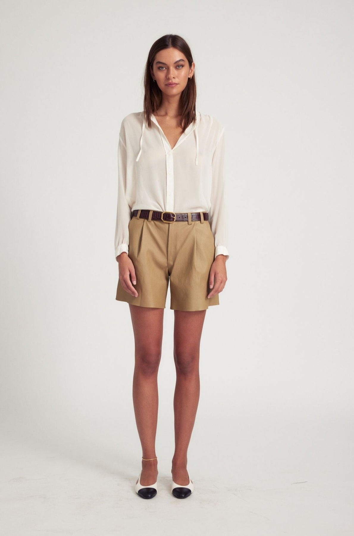 KHAKI LEATHER TROUSER SHORTS - 1