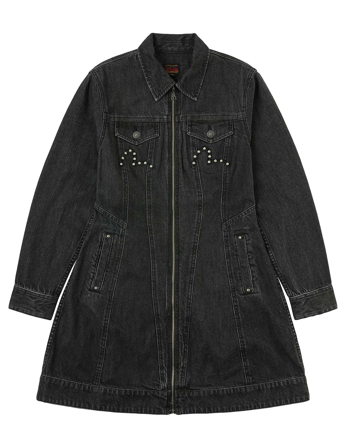 Seagull Embroidery with Studs Fashion Fit Denim Zipper Dress - 1