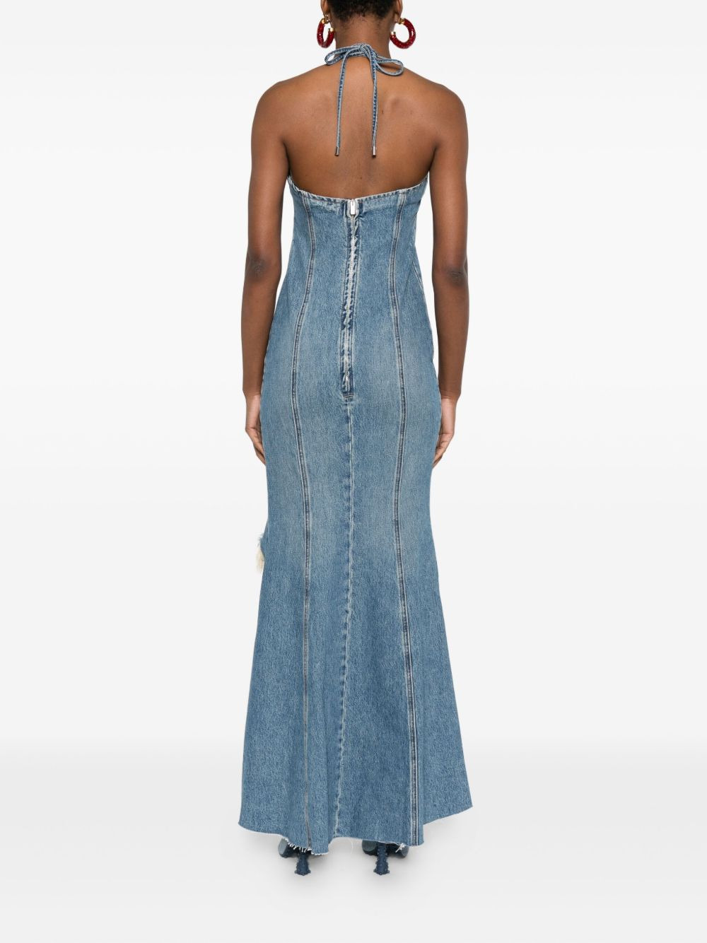 halter-neck frayed-hem denim dress - 4